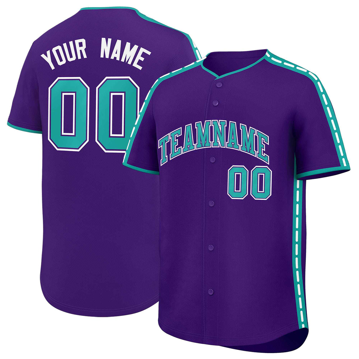 Custom Purple Aqua Color Block Personalized Side Dotted Line Authentic Baseball Jersey
