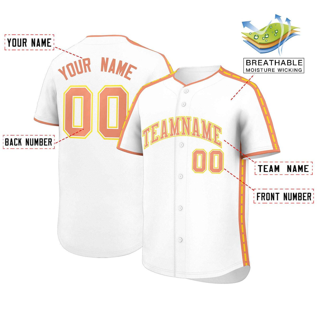 Custom White Light Orange Color Block Personalized Side Dotted Line Authentic Baseball Jersey
