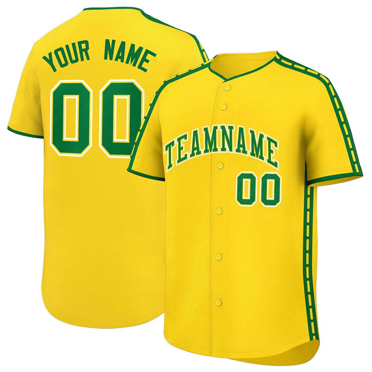 Custom Gold Kelly Green Color Block Personalized Side Dotted Line Authentic Baseball Jersey