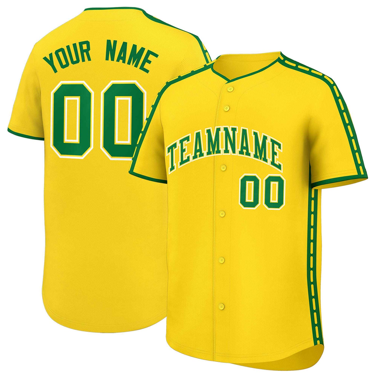 Custom Gold Kelly Green Color Block Personalized Side Dotted Line Authentic Baseball Jersey