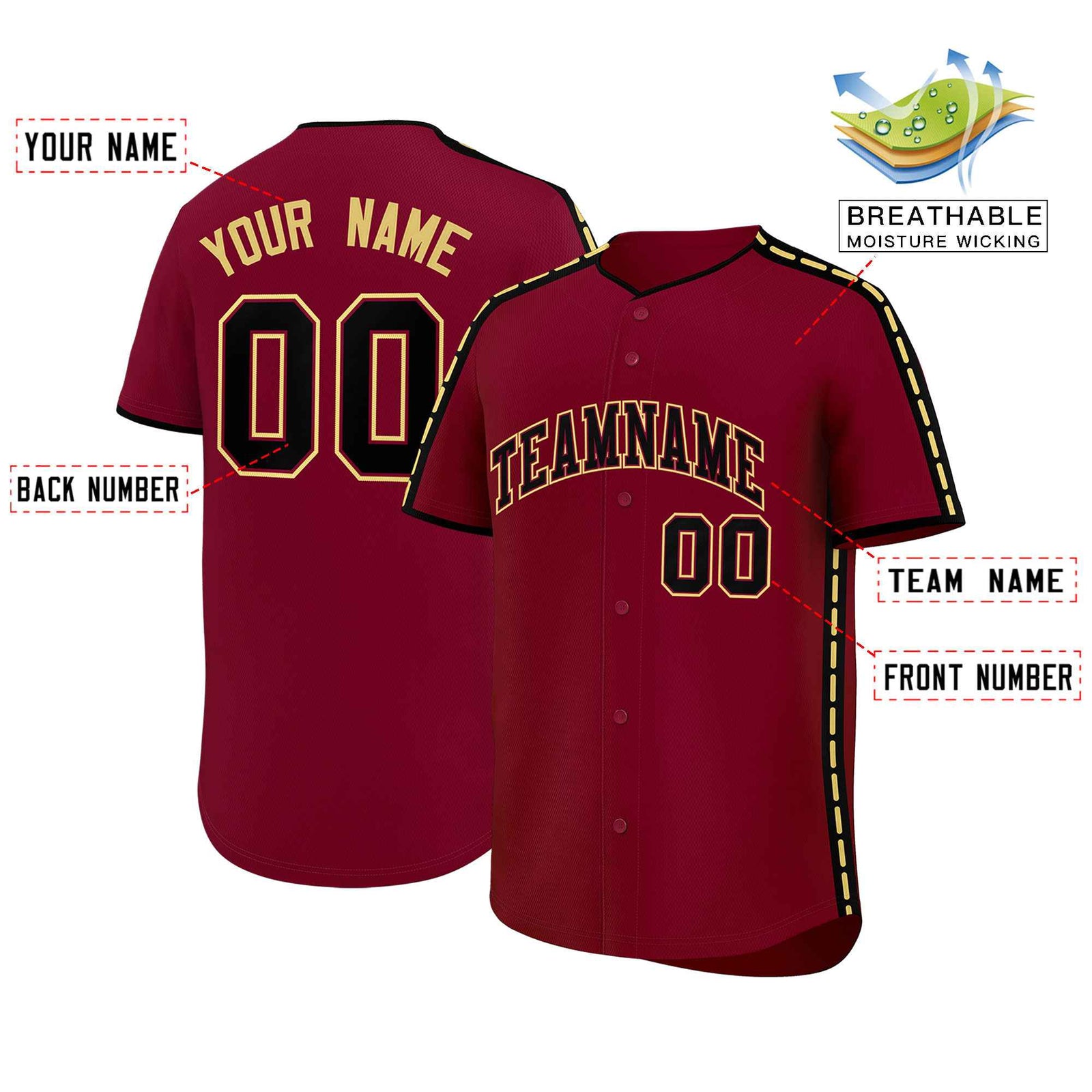 Custom Crimson Black Color Block Personalized Side Dotted Line Authentic Baseball Jersey