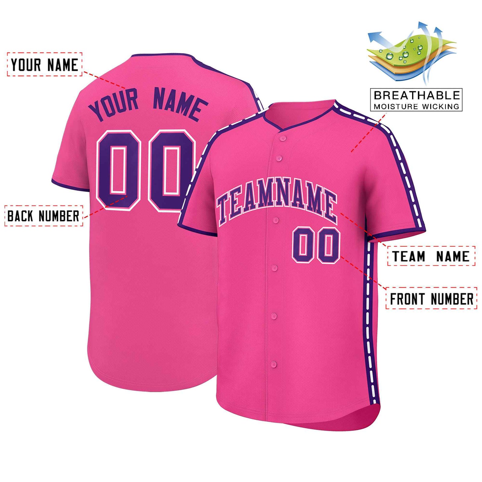 Custom Pink Purple Color Block Personalized Side Dotted Line Authentic Baseball Jersey