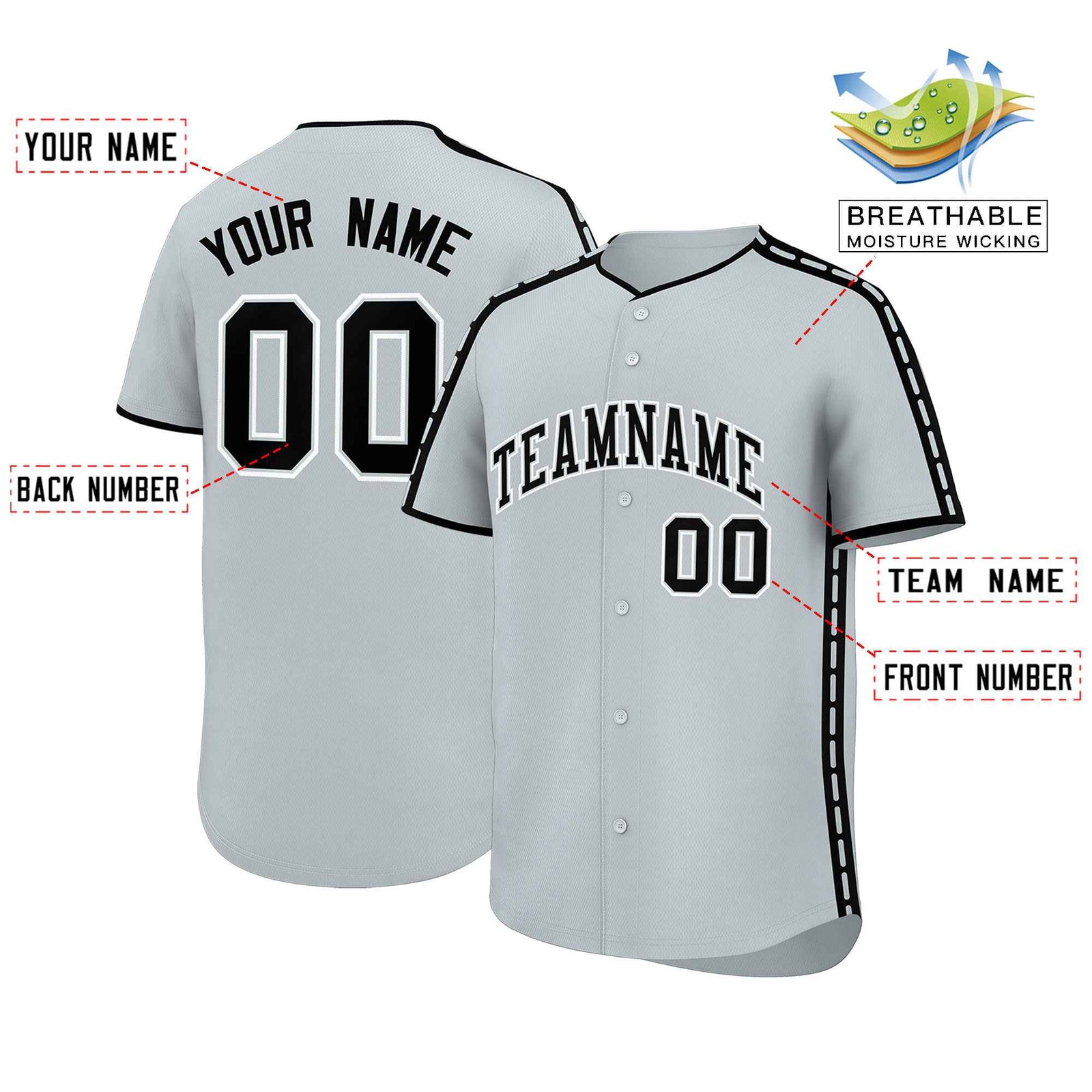 Custom Silver Black Color Block Personalized Side Dotted Line Authentic Baseball Jersey