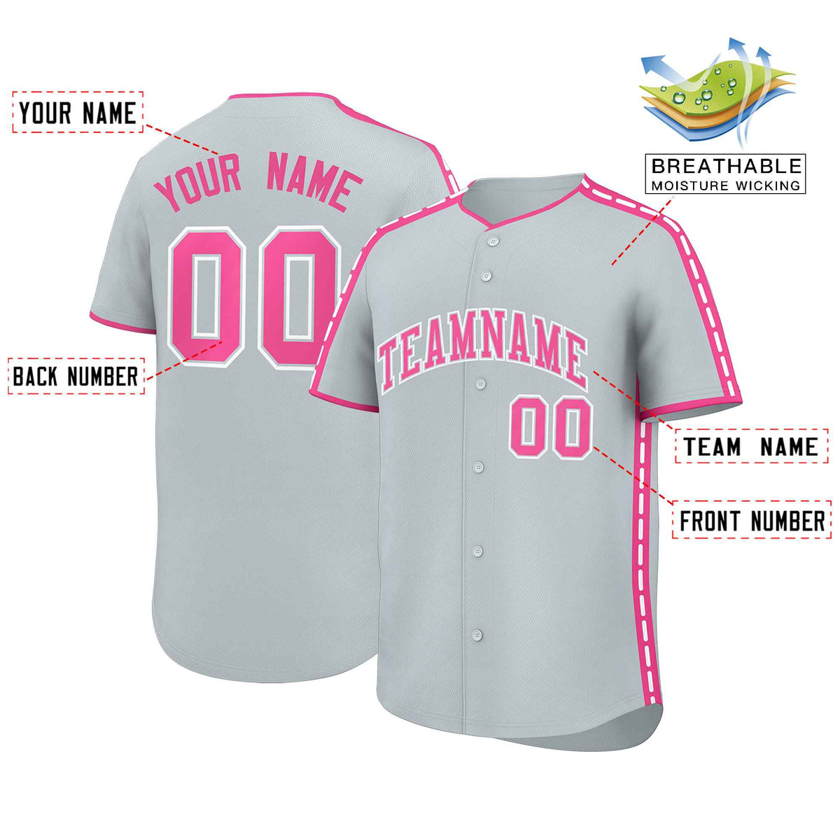 Custom Silver Pink Color Block Personalized Side Dotted Line Authentic Baseball Jersey