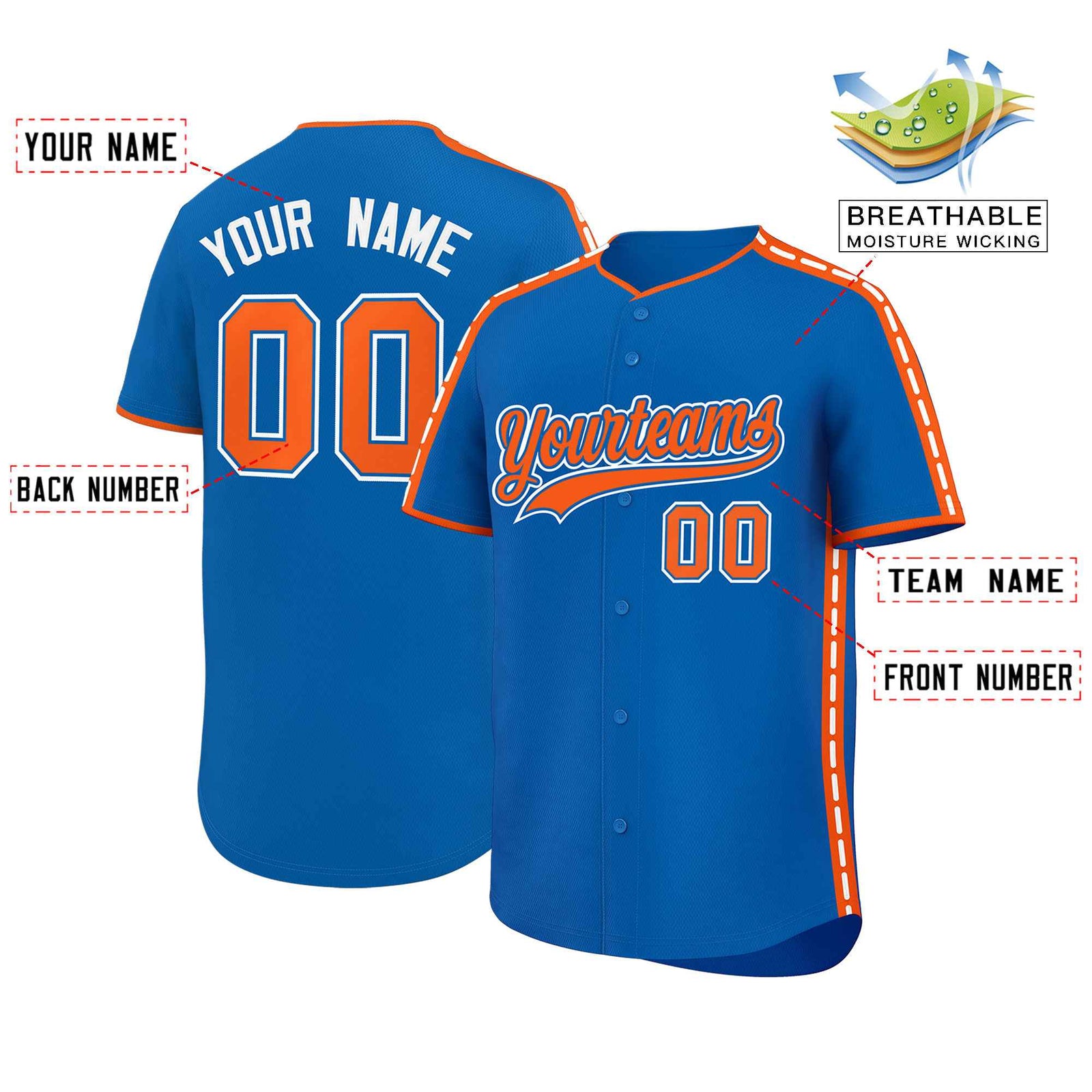 Custom Royal Orange Color Block Personalized Side Dotted Line Authentic Baseball Jersey
