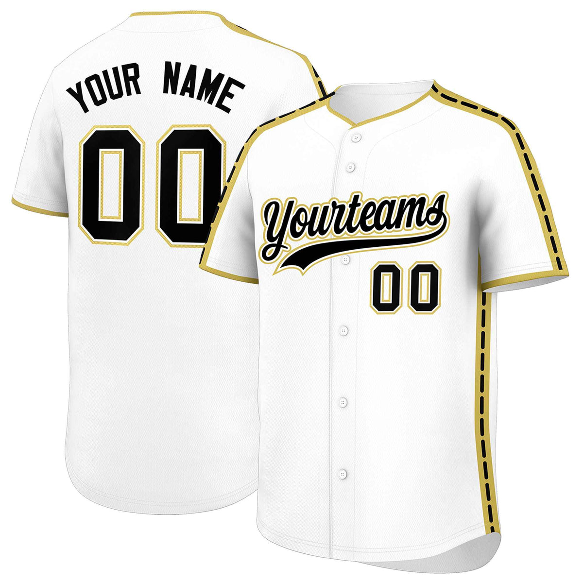 Custom White Old Gold Color Block Personalized Side Dotted Line Authentic Baseball Jersey