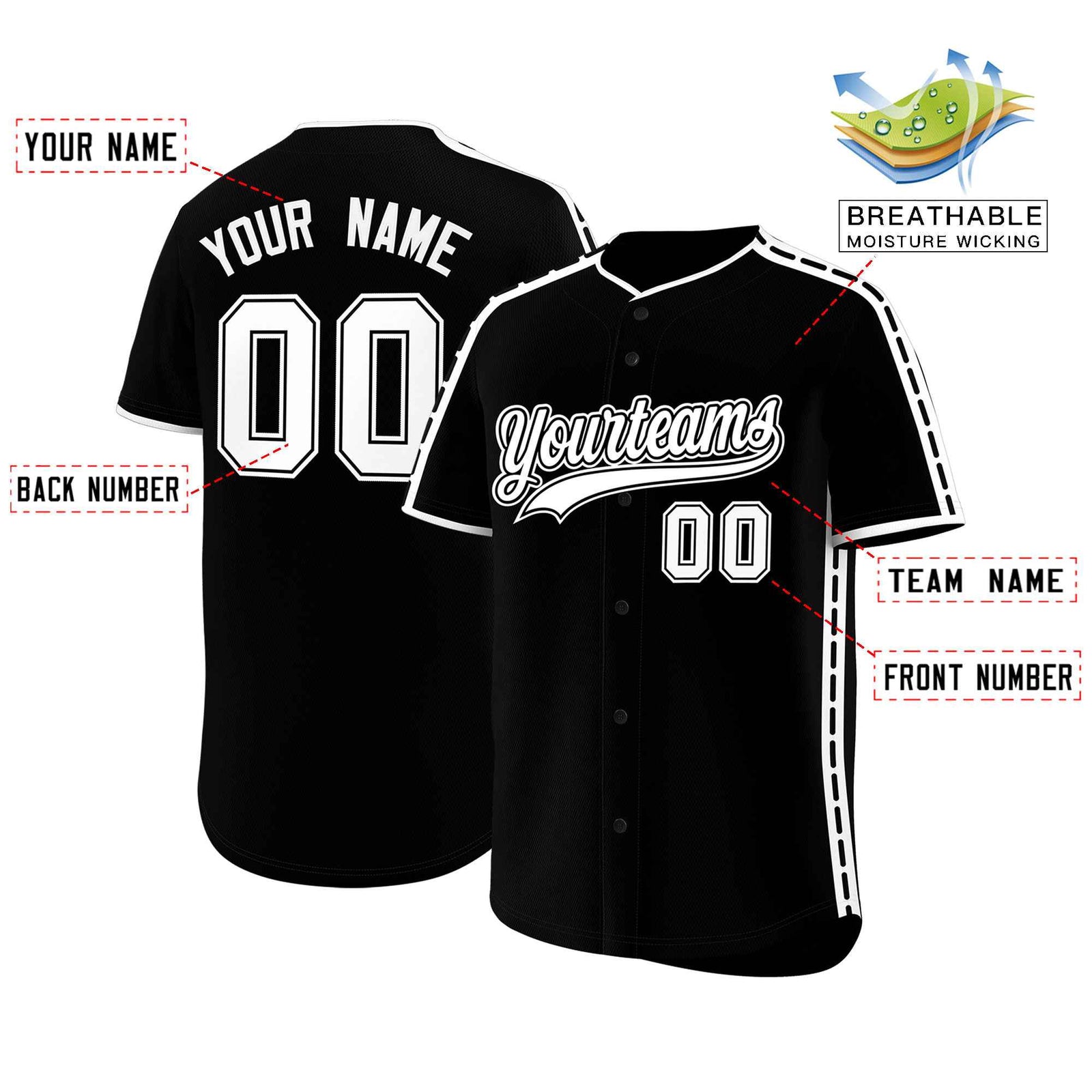 Custom Black White Color Block Personalized Side Dotted Line Authentic Baseball Jersey