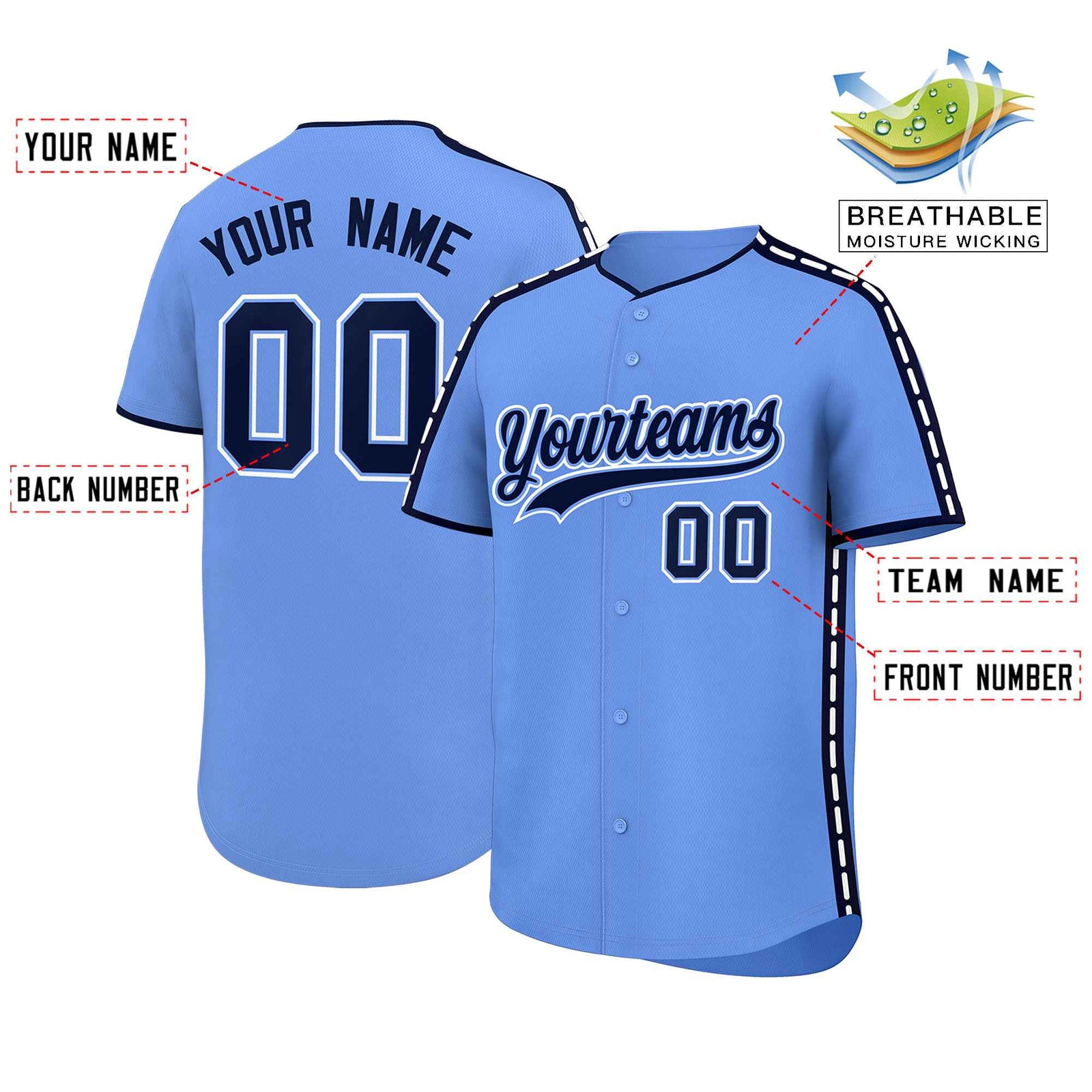 Custom Light Blue Navy Color Block Personalized Side Dotted Line Authentic Baseball Jersey
