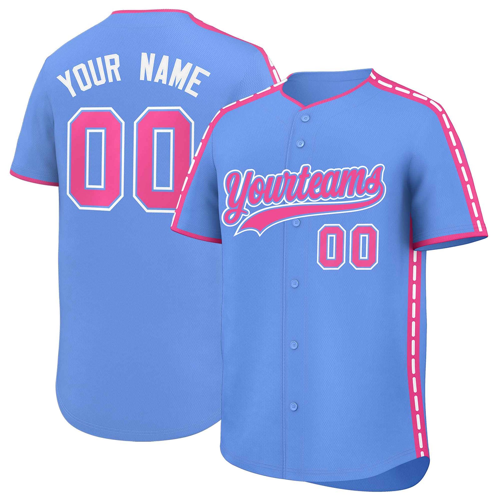 Custom Light Blue Pink Color Block Personalized Side Dotted Line Authentic Baseball Jersey