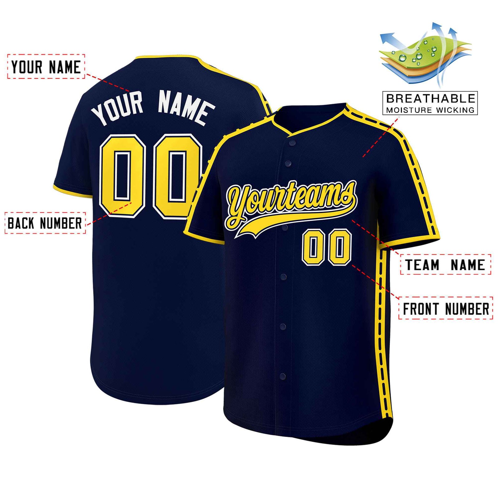 Custom Navy Gold Color Block Personalized Side Dotted Line Authentic Baseball Jersey