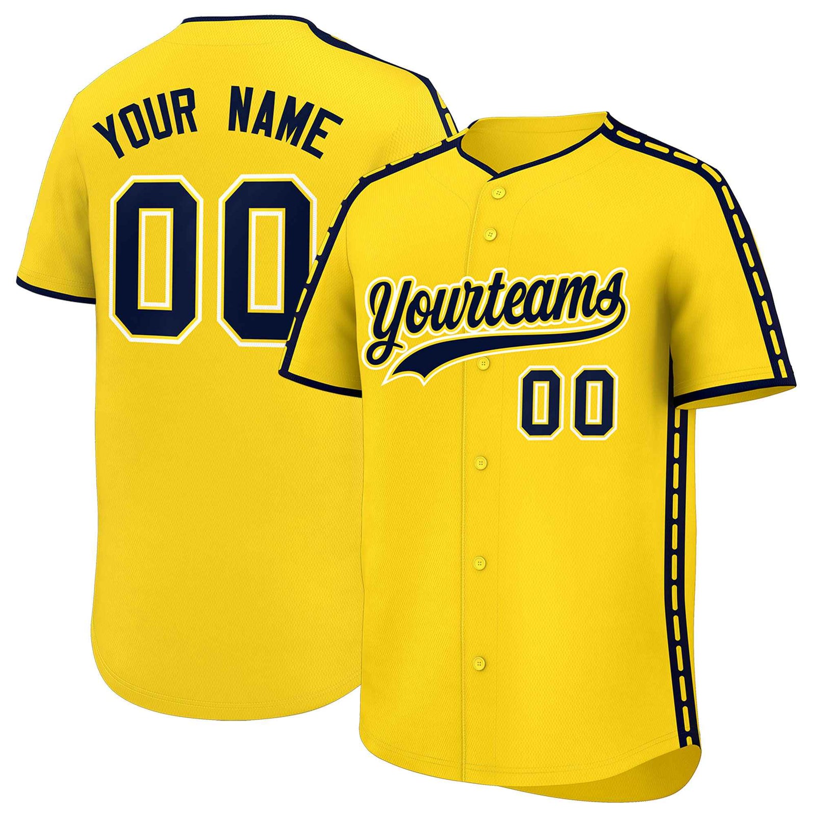 Custom Gold Navy Color Block Personalized Side Dotted Line Authentic Baseball Jersey
