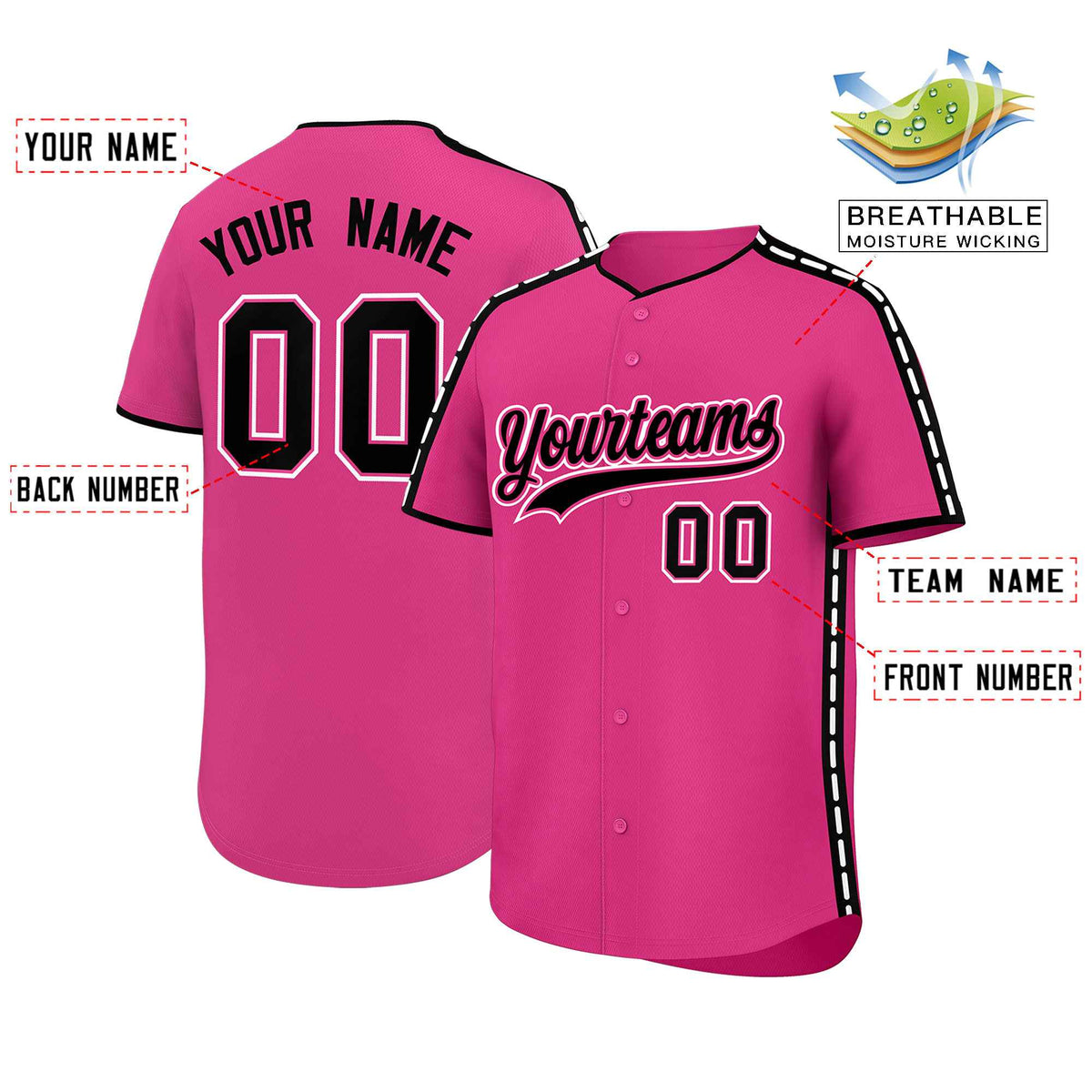 Custom Pink Black Color Block Personalized Side Dotted Line Authentic Baseball Jersey