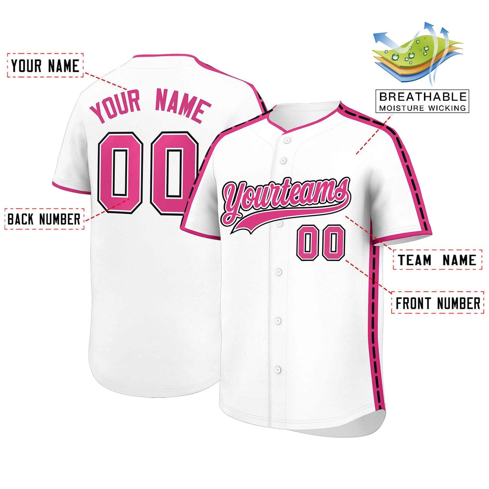 Custom White Pink Color Block Personalized Side Dotted Line Authentic Baseball Jersey