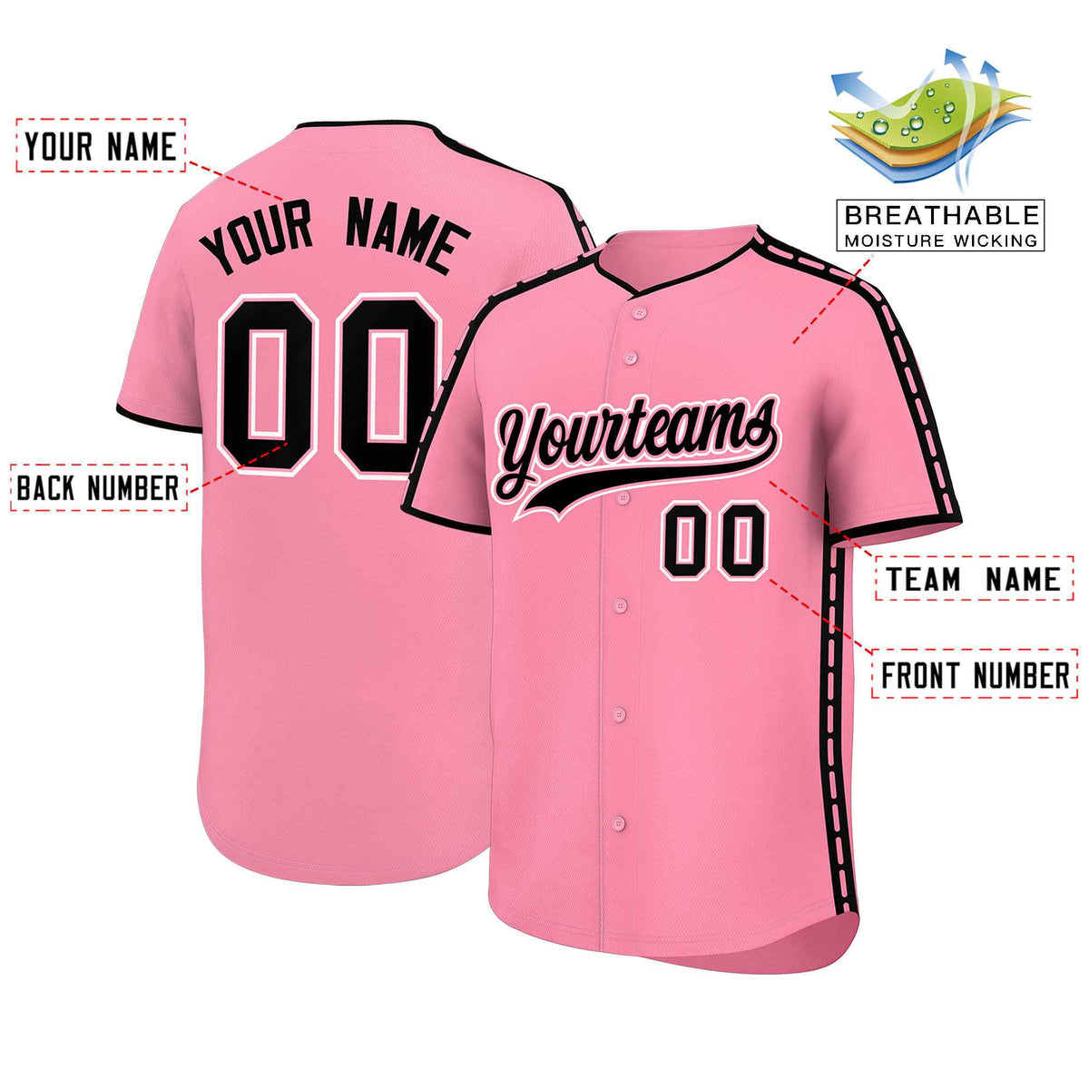 Custom Light Pink Black Color Block Personalized Side Dotted Line Authentic Baseball Jersey