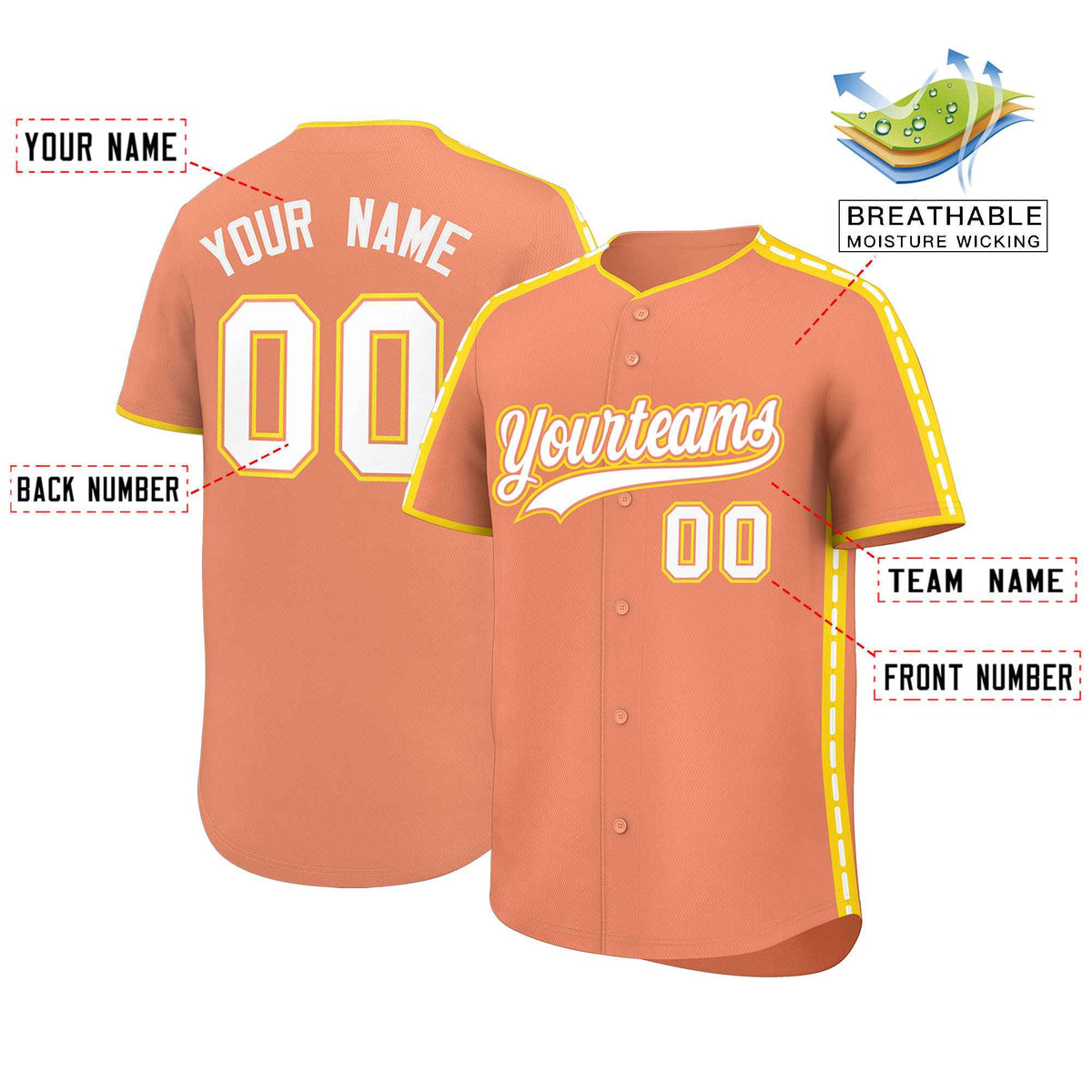 Custom Light Orange Gold Color Block Personalized Side Dotted Line Authentic Baseball Jersey