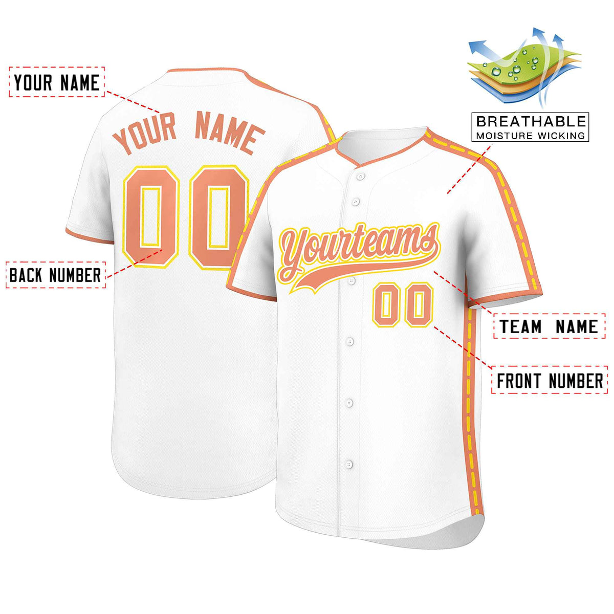Custom White Light Orange Color Block Personalized Side Dotted Line Authentic Baseball Jersey