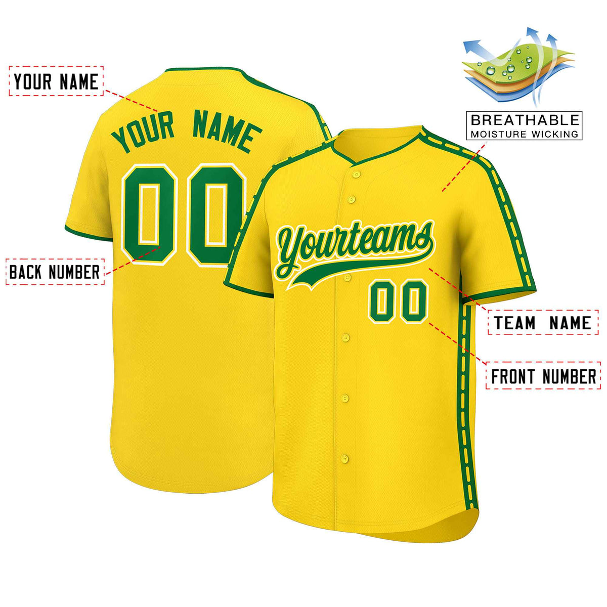Custom Gold Kelly Green Color Block Personalized Side Dotted Line Authentic Baseball Jersey