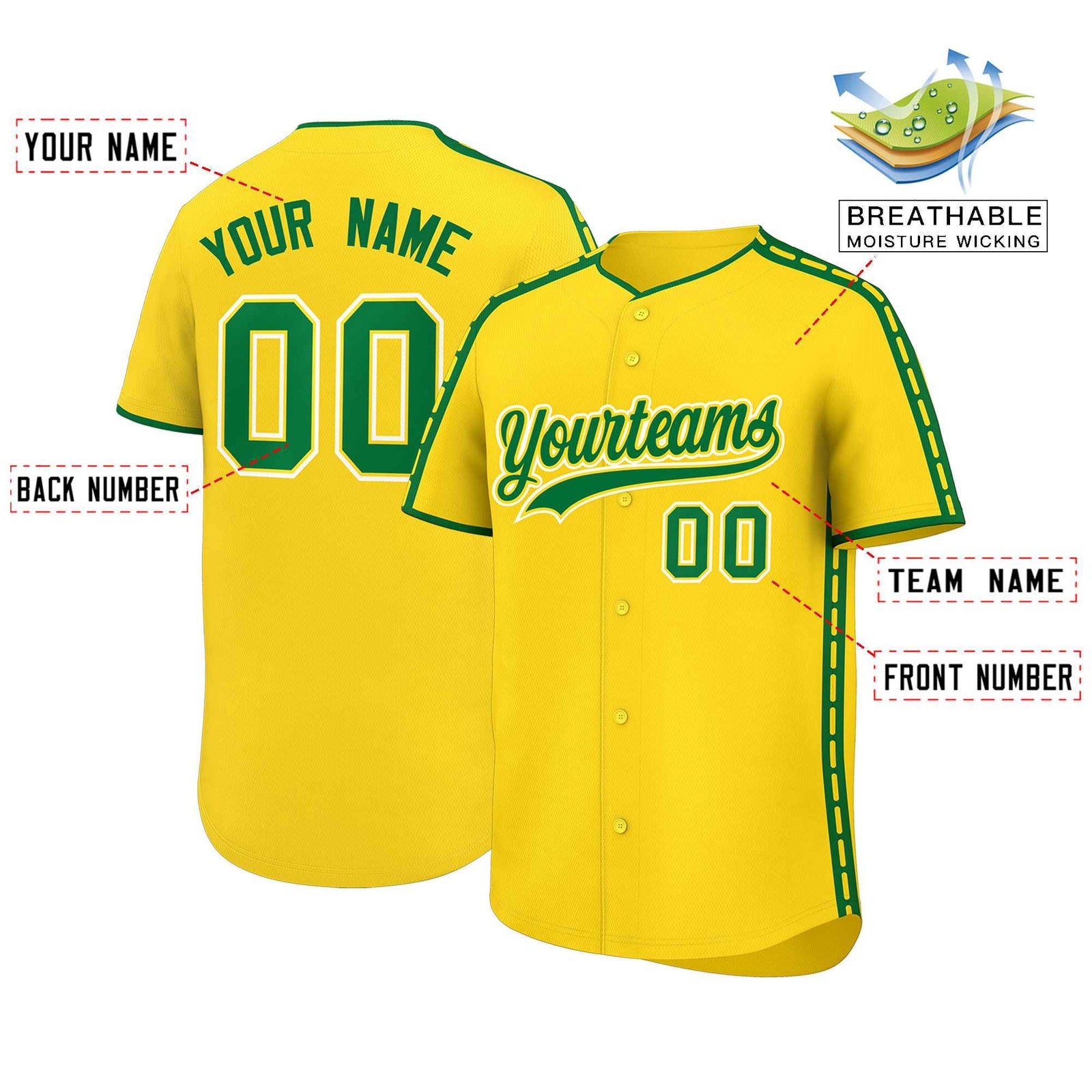 Custom Gold Kelly Green Color Block Personalized Side Dotted Line Authentic Baseball Jersey