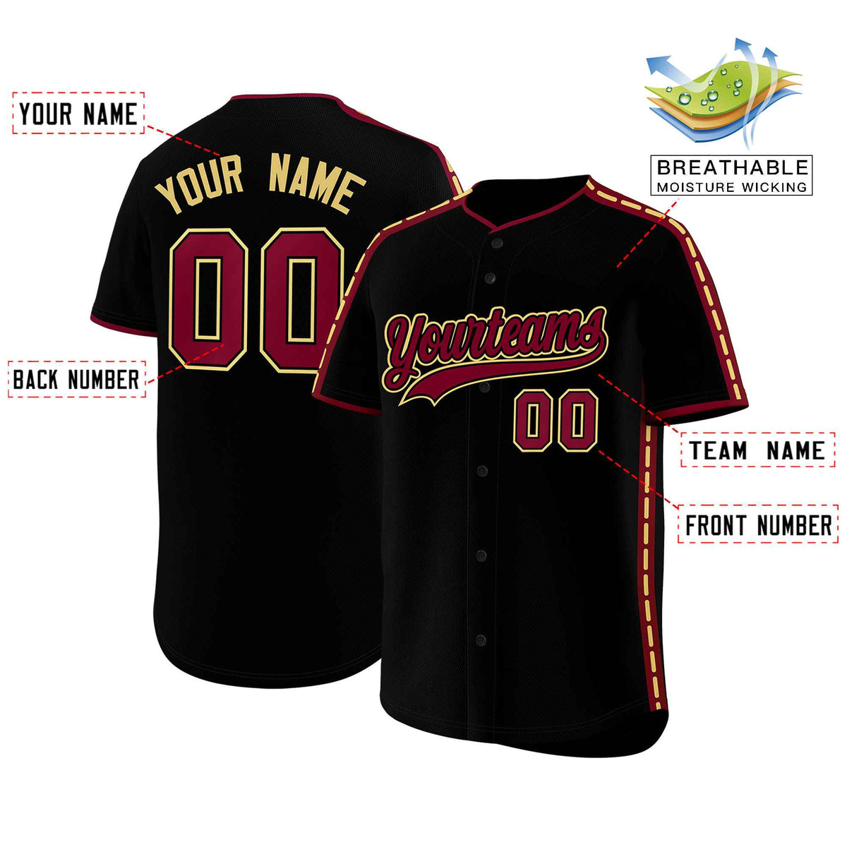 Custom Black Crimson Color Block Personalized Side Dotted Line Authentic Baseball Jersey