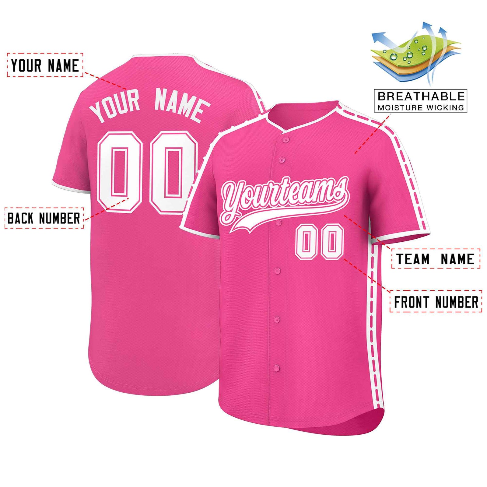 Custom Pink White Color Block Personalized Side Dotted Line Authentic Baseball Jersey