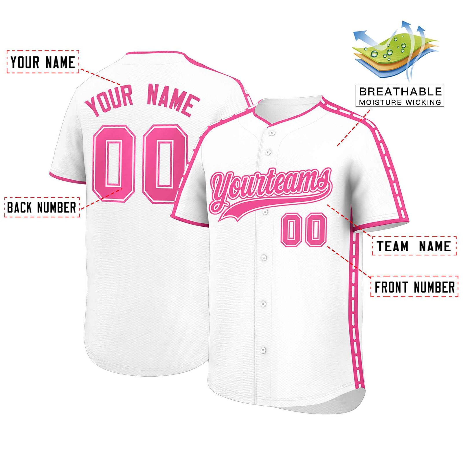 Custom White Pink Color Block Personalized Side Dotted Line Authentic Baseball Jersey