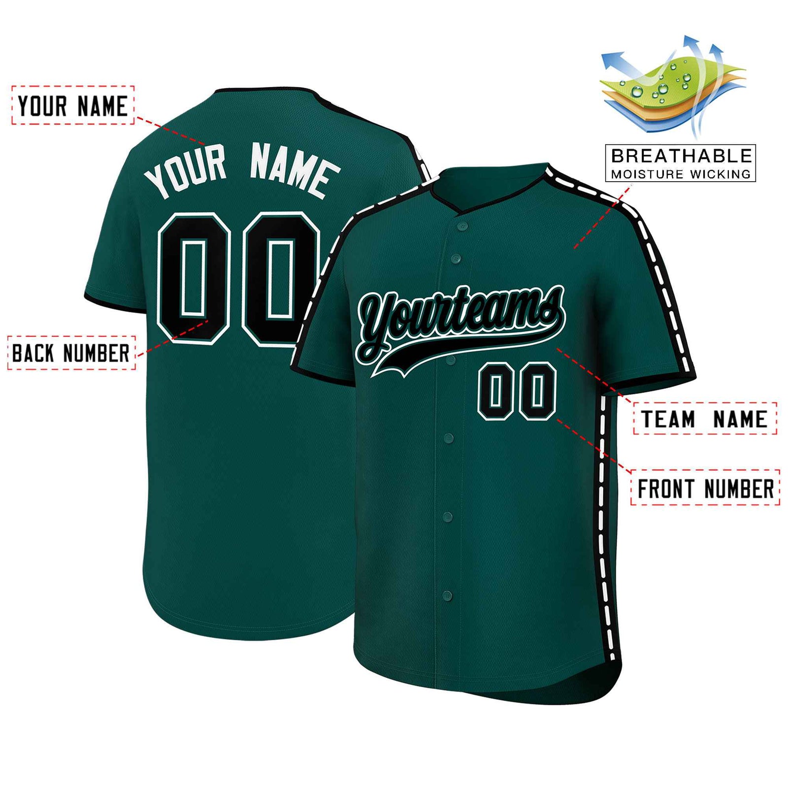 Custom Midnight Green Black Color Block Personalized Side Dotted Line Authentic Baseball Jersey