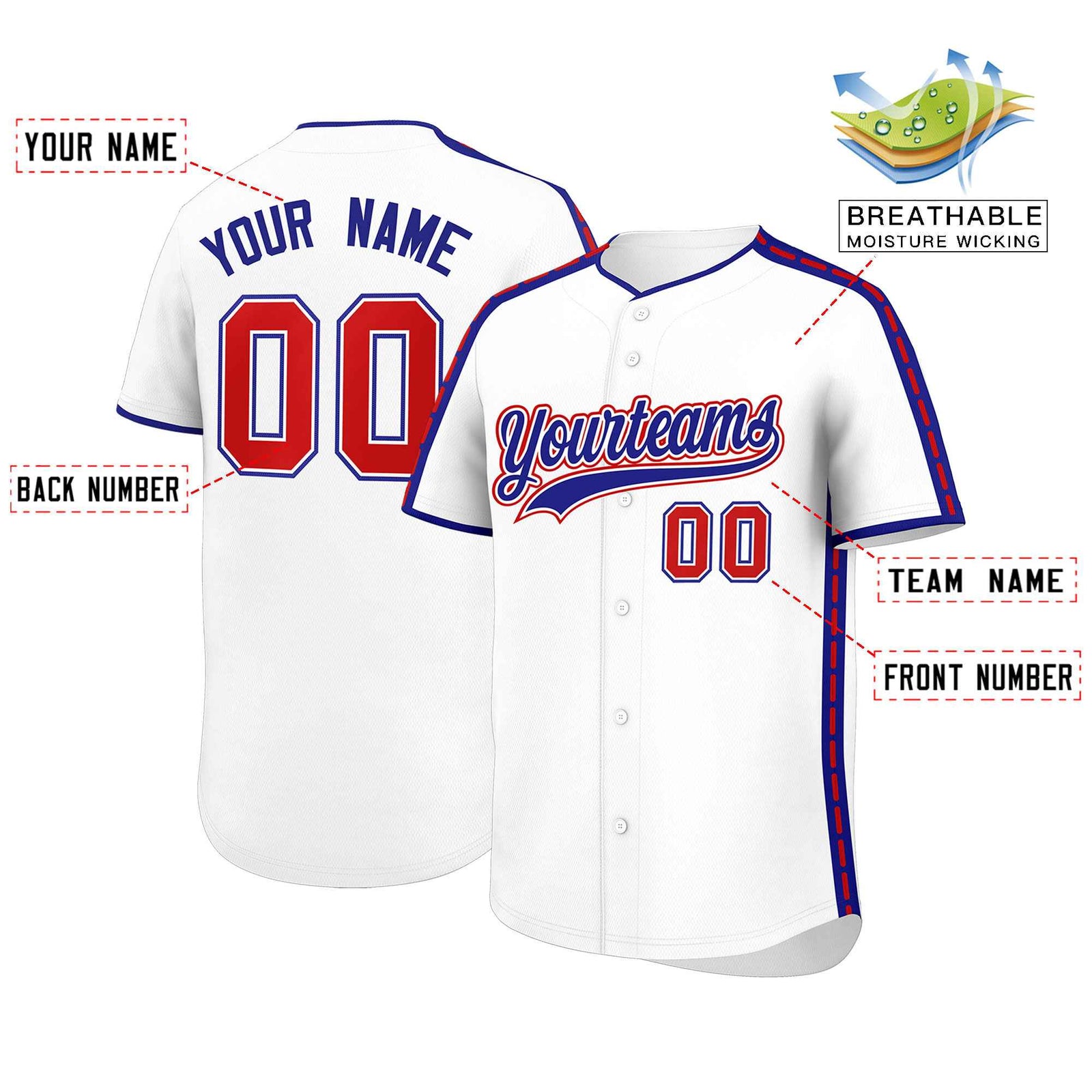 Custom White Royal Color Block Personalized Side Dotted Line Authentic Baseball Jersey