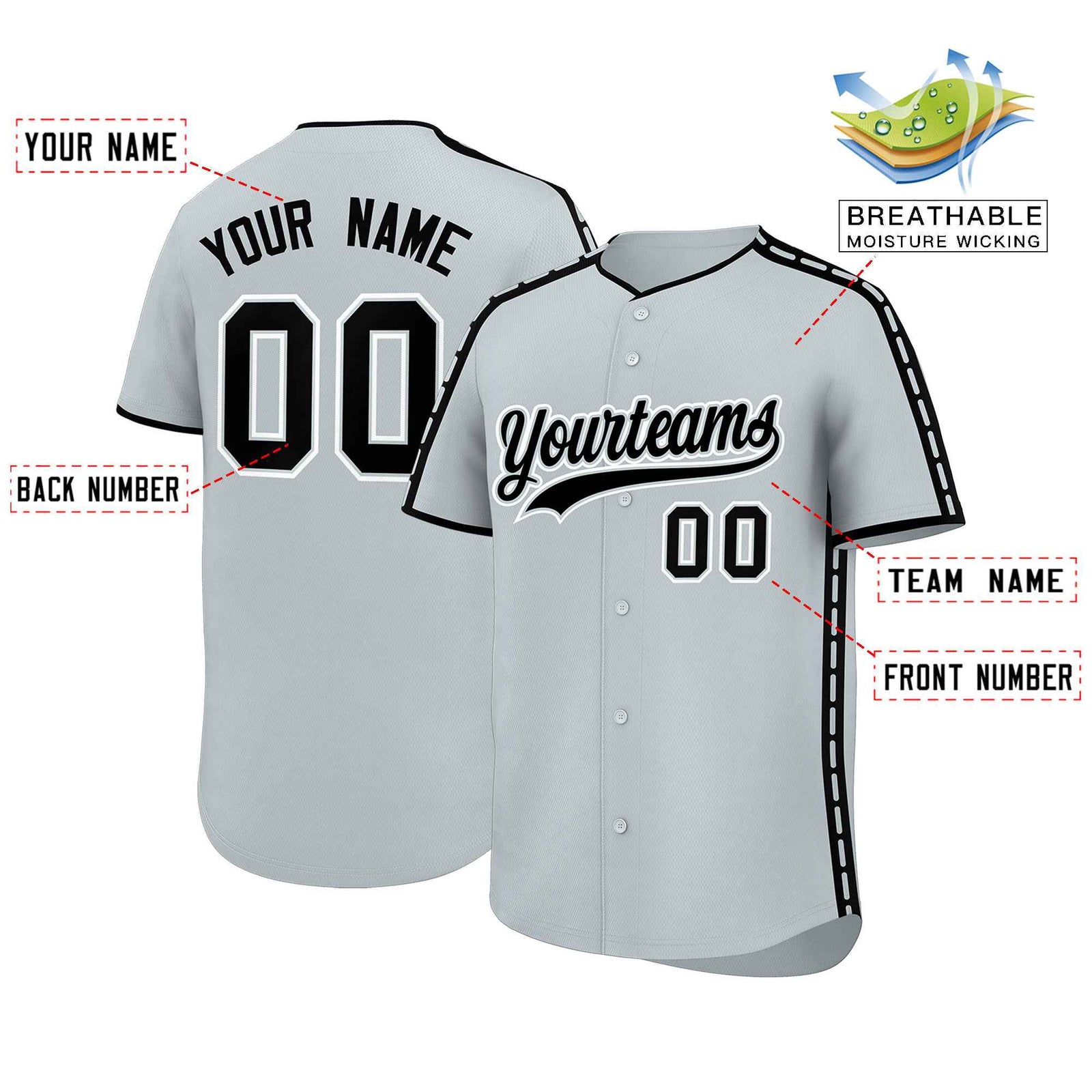 Custom Silver Black Color Block Personalized Side Dotted Line Authentic Baseball Jersey
