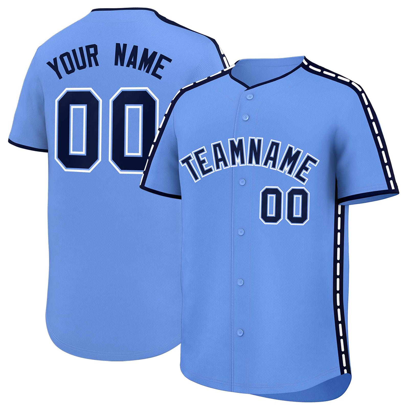 Custom Light Blue Navy Color Block Personalized Side Dotted Line Authentic Baseball Jersey