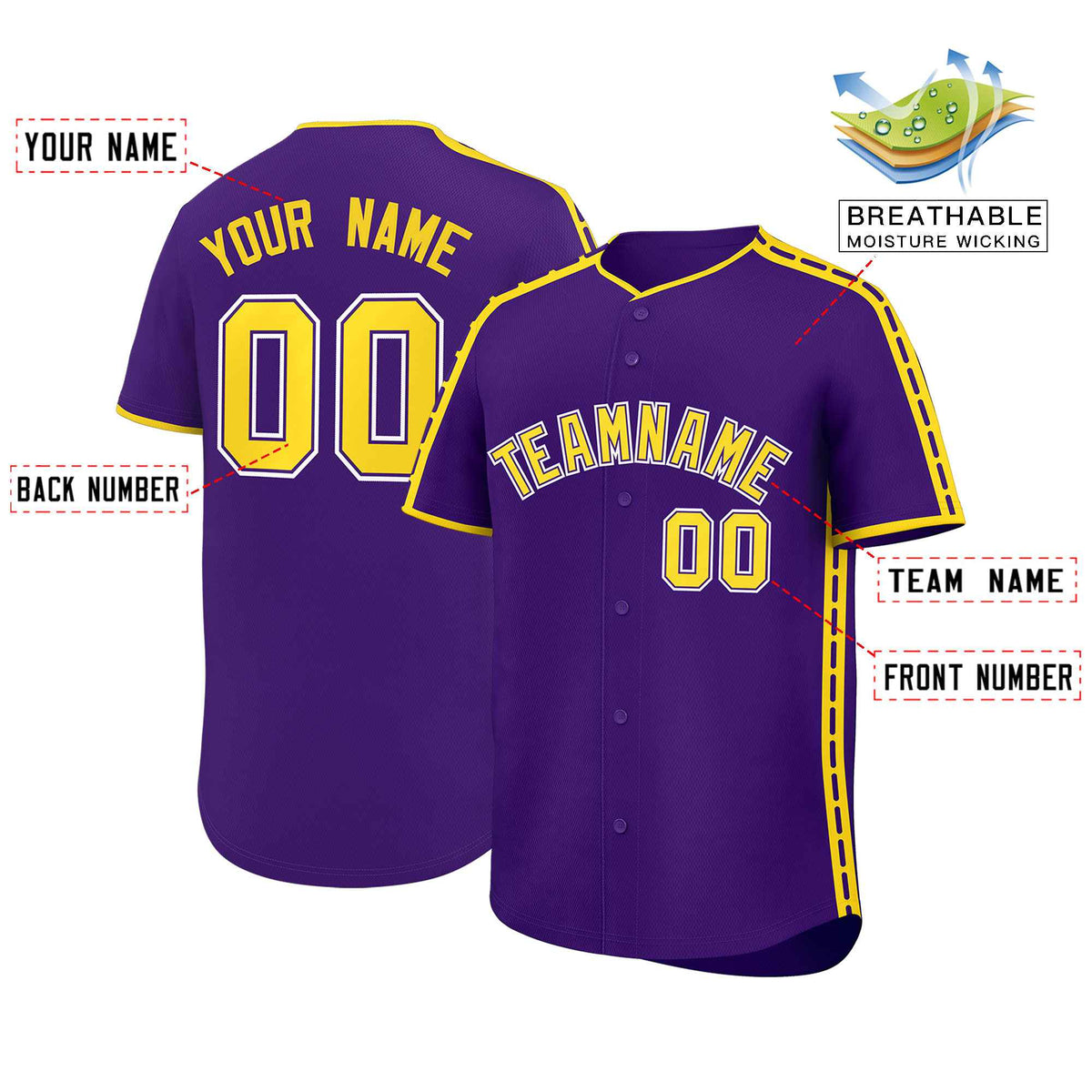 Custom Purple Gold Color Block Personalized Side Dotted Line Authentic Baseball Jersey