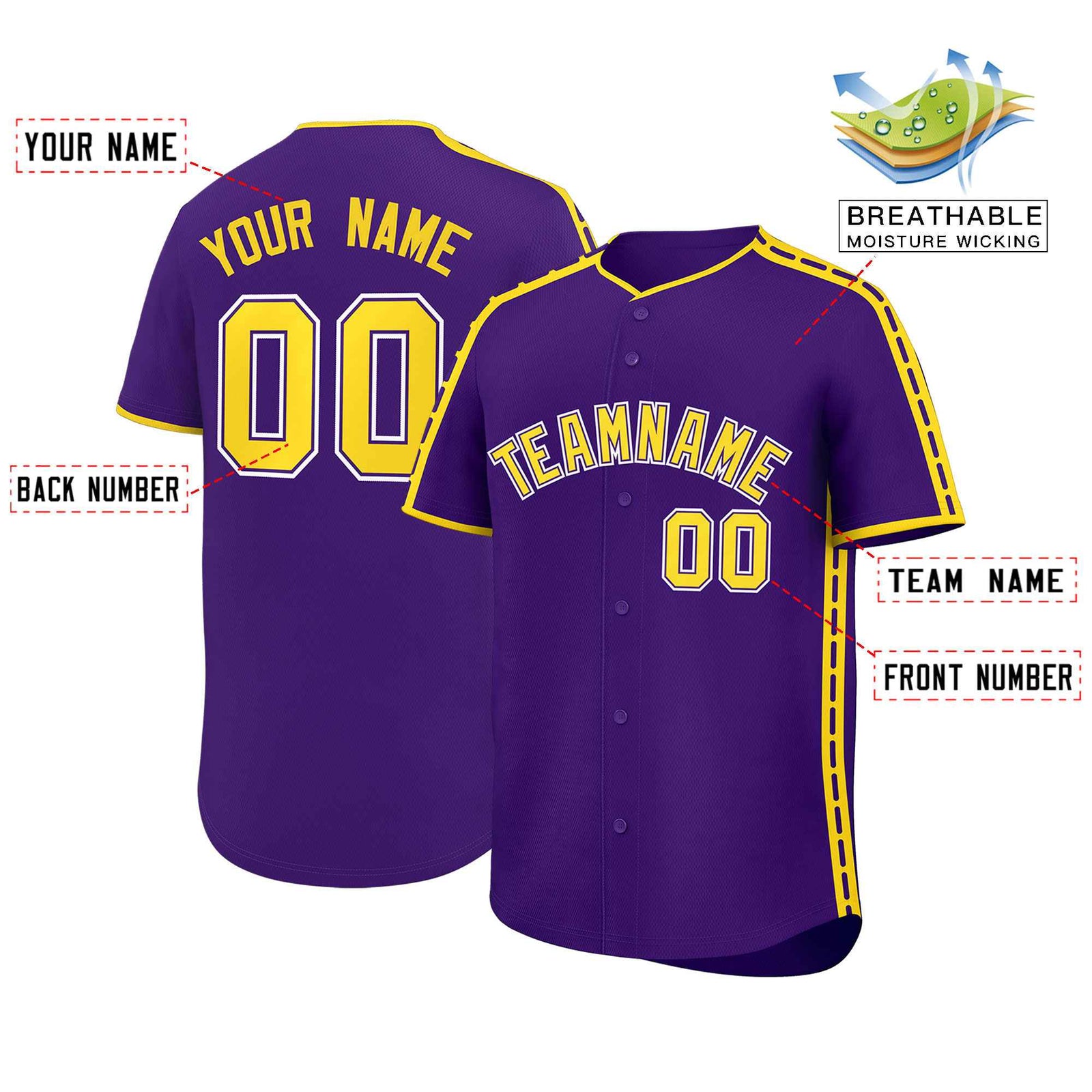 Custom Purple Gold Color Block Personalized Side Dotted Line Authentic Baseball Jersey