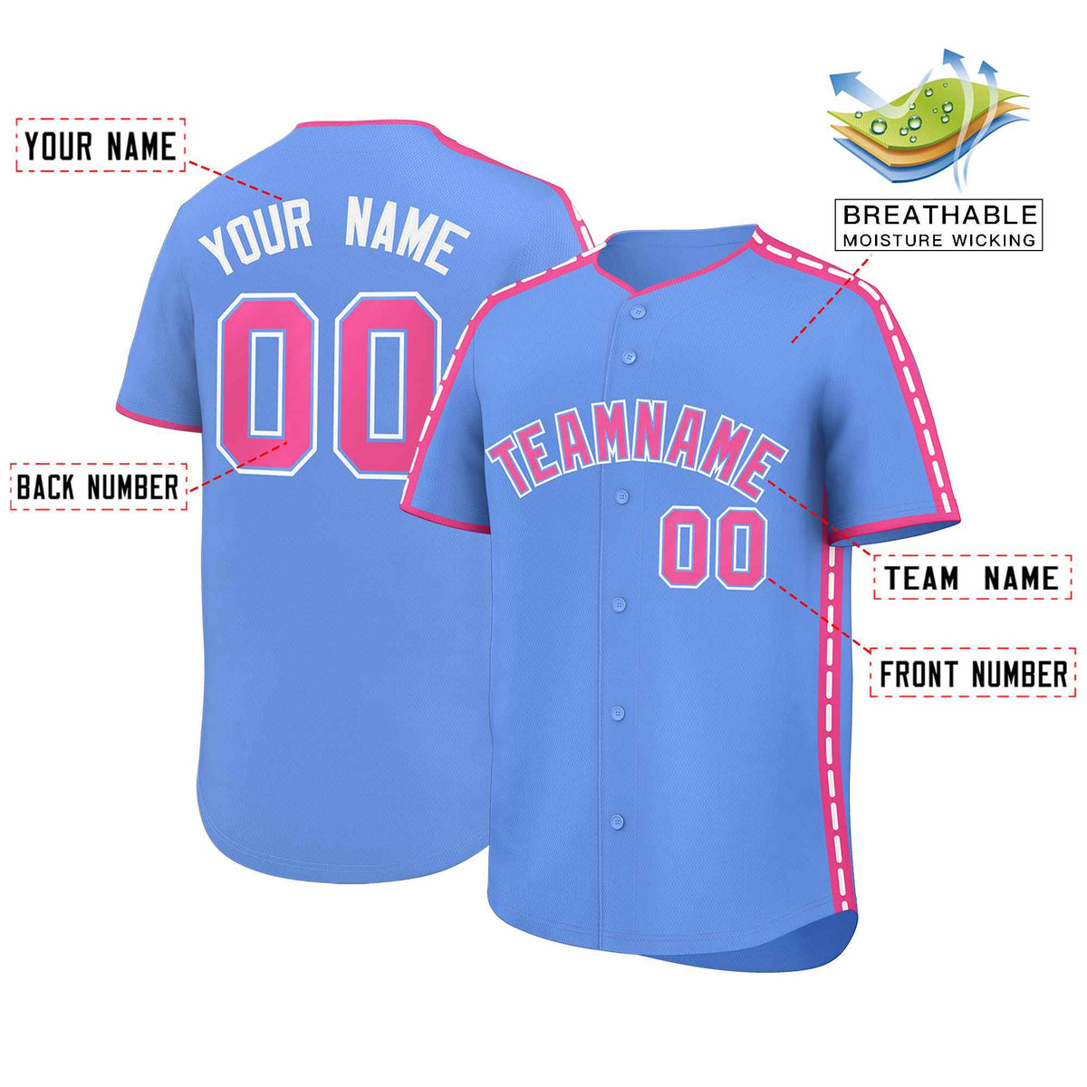 Custom Light Blue Pink Color Block Personalized Side Dotted Line Authentic Baseball Jersey