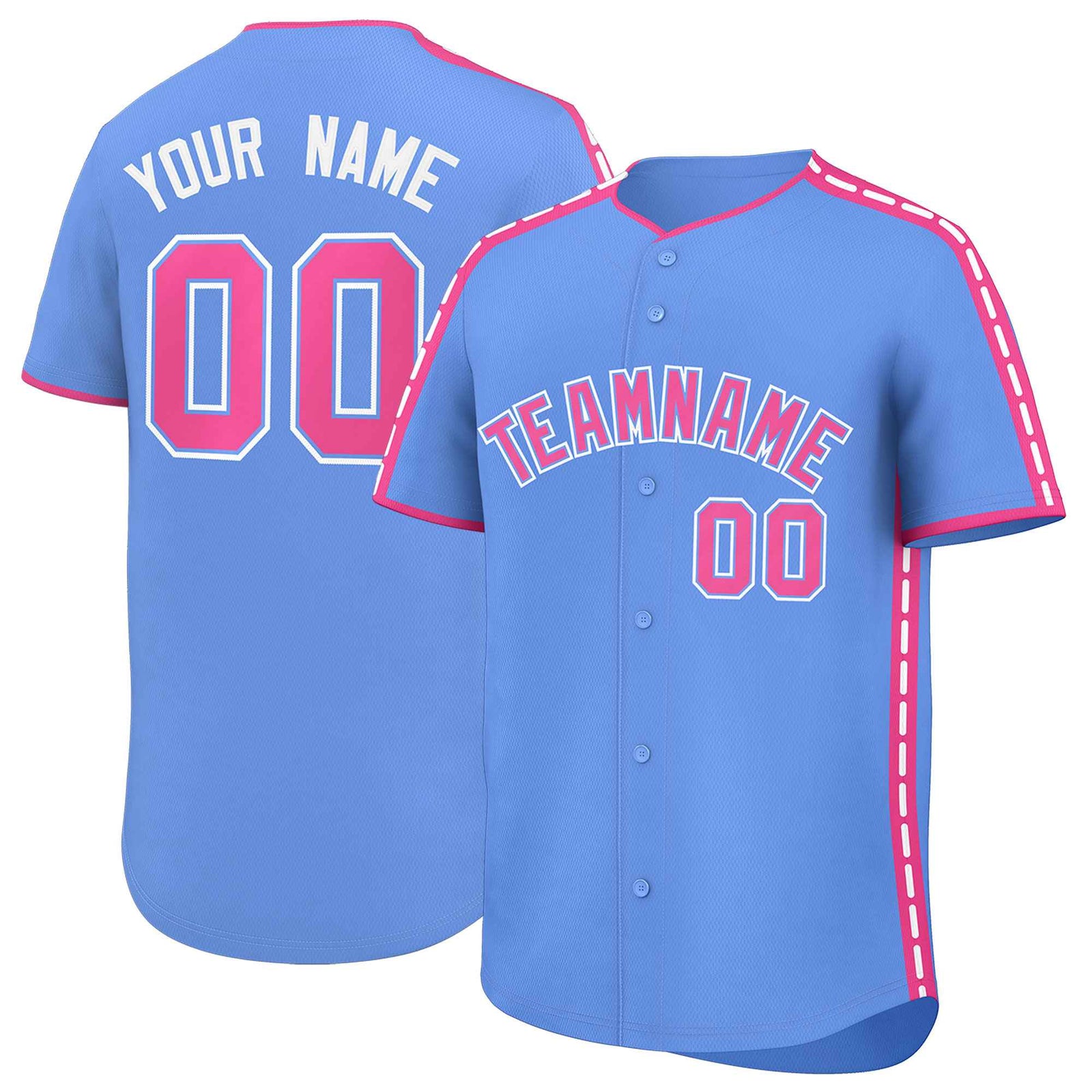 Custom Light Blue Pink Color Block Personalized Side Dotted Line Authentic Baseball Jersey