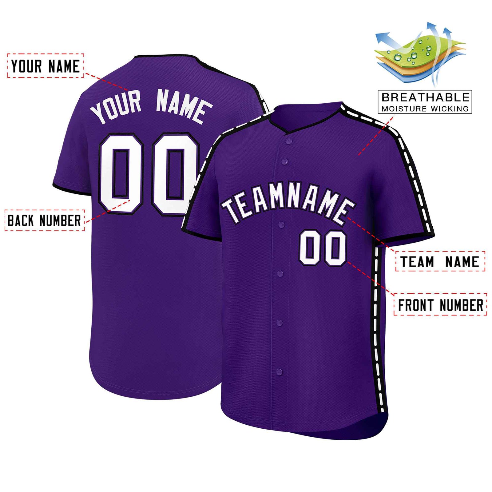 Custom Purple Black Color Block Personalized Side Dotted Line Authentic Baseball Jersey