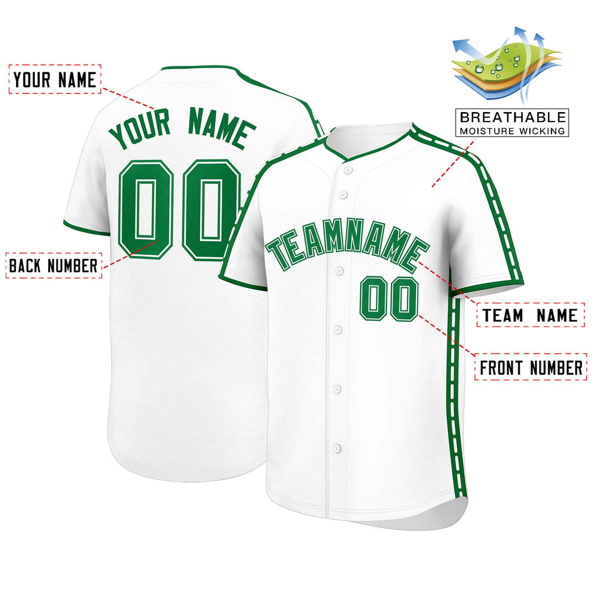 Custom White Kelly Green Color Block Personalized Side Dotted Line Authentic Baseball Jersey