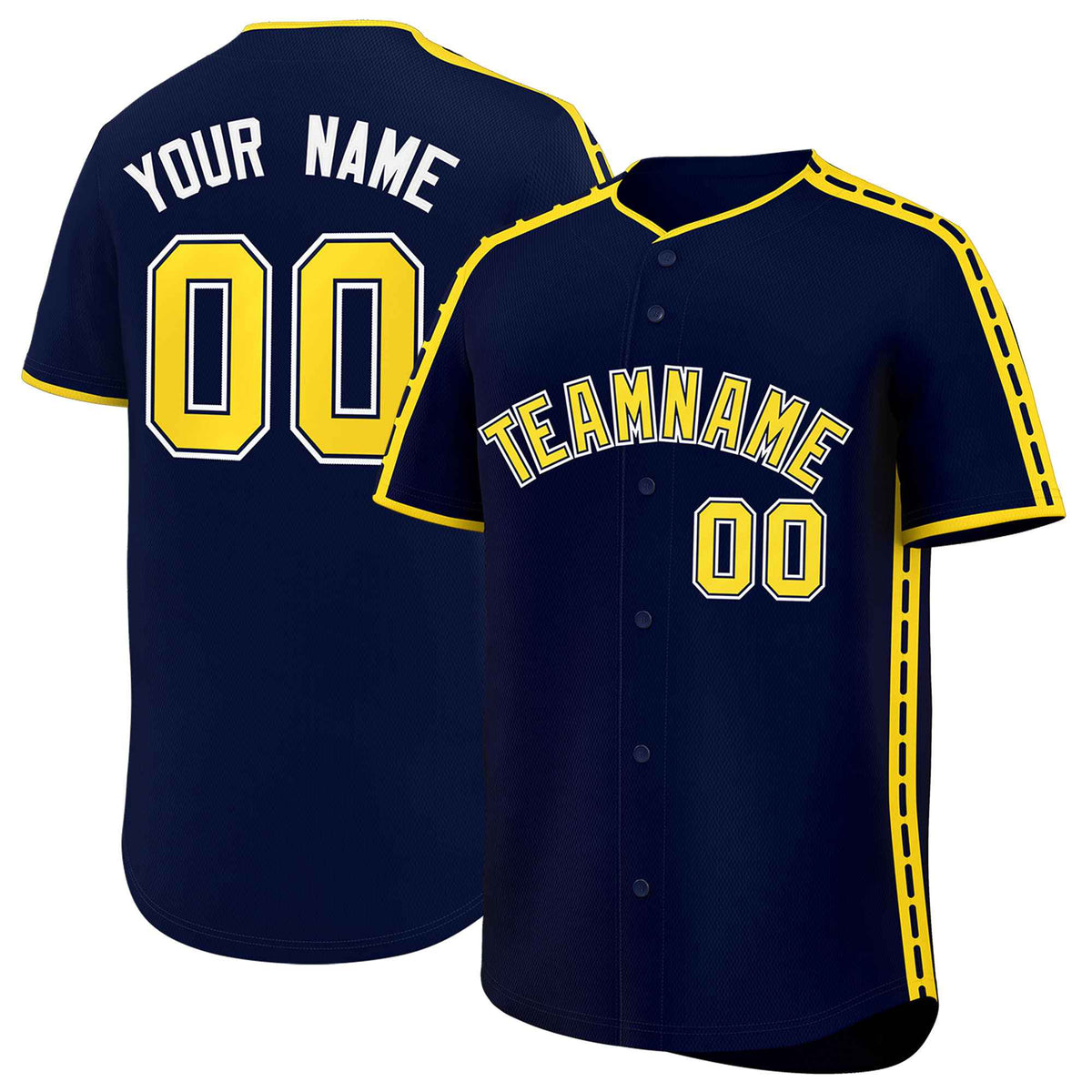 Custom Navy Gold Color Block Personalized Side Dotted Line Authentic Baseball Jersey