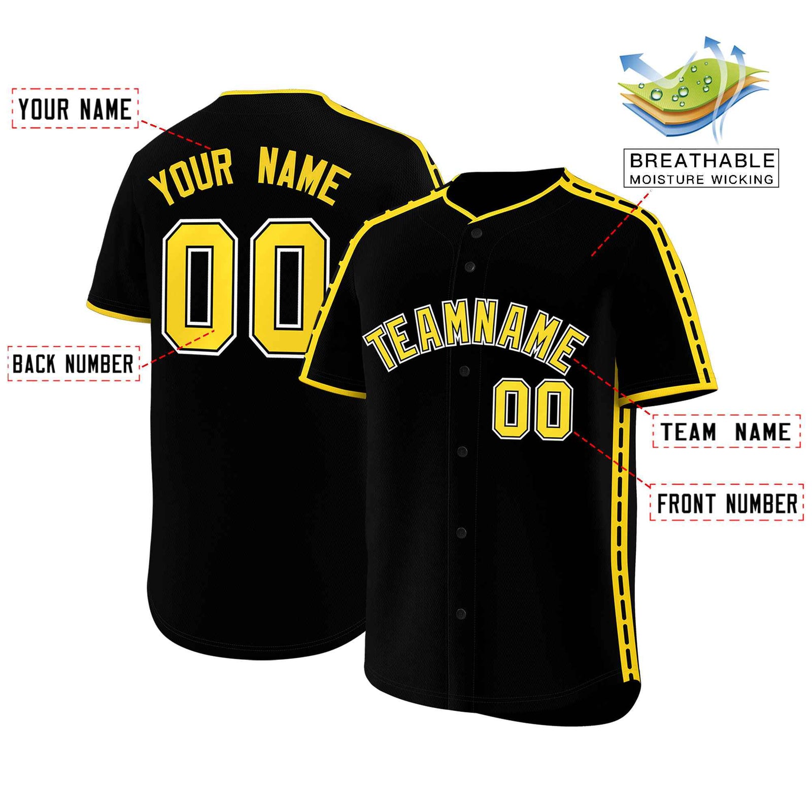 Custom Black Gold Color Block Personalized Side Dotted Line Authentic Baseball Jersey