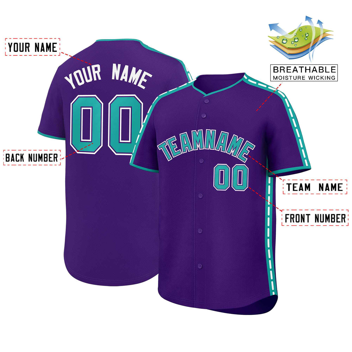 Custom Purple Aqua Color Block Personalized Side Dotted Line Authentic Baseball Jersey