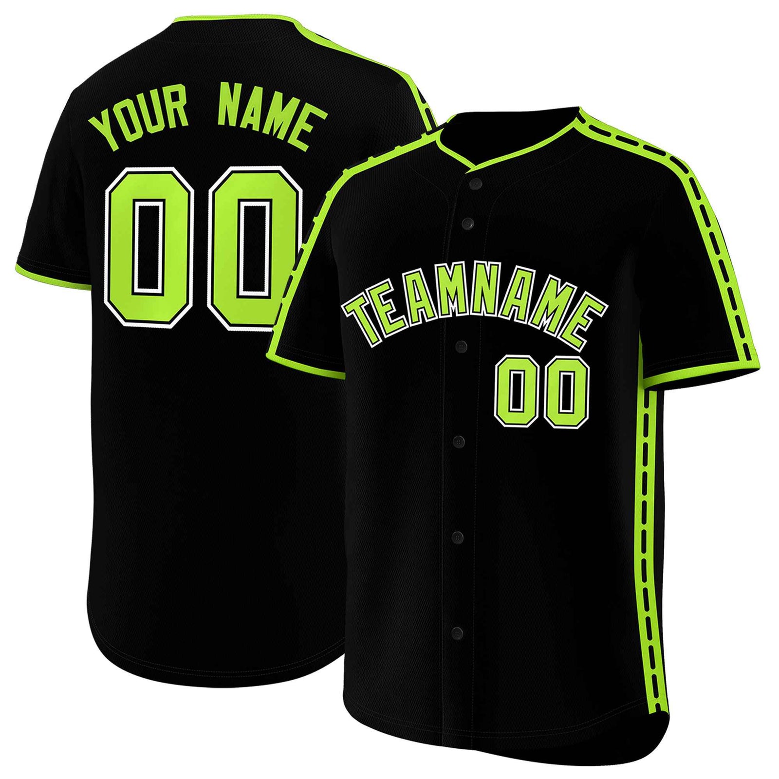 Custom Black Light Green Color Block Personalized Side Dotted Line Authentic Baseball Jersey