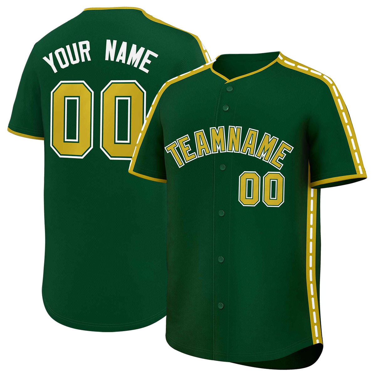 Custom Green Old Gold Color Block Personalized Side Dotted Line Authentic Baseball Jersey
