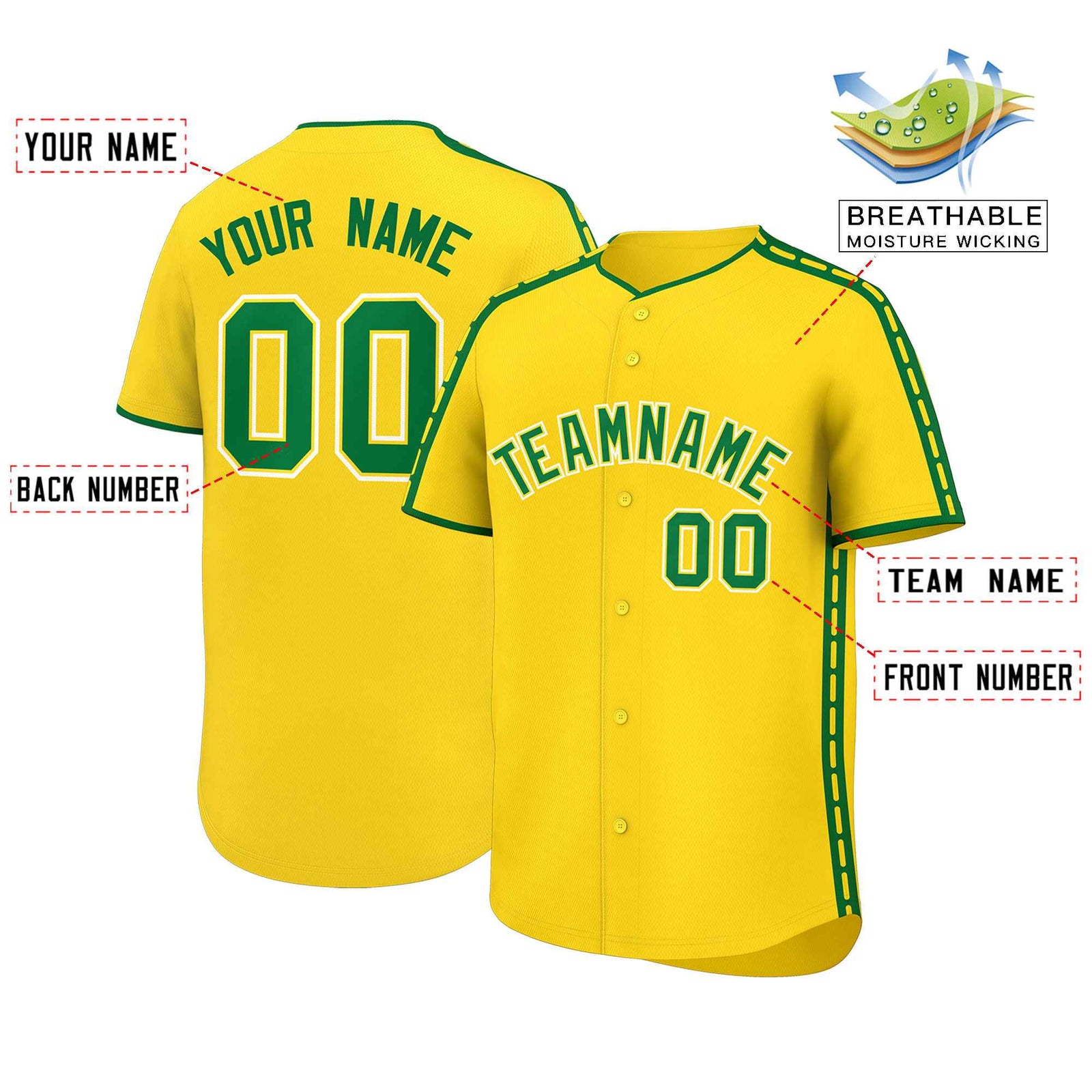 Custom Gold Kelly Green Color Block Personalized Side Dotted Line Authentic Baseball Jersey