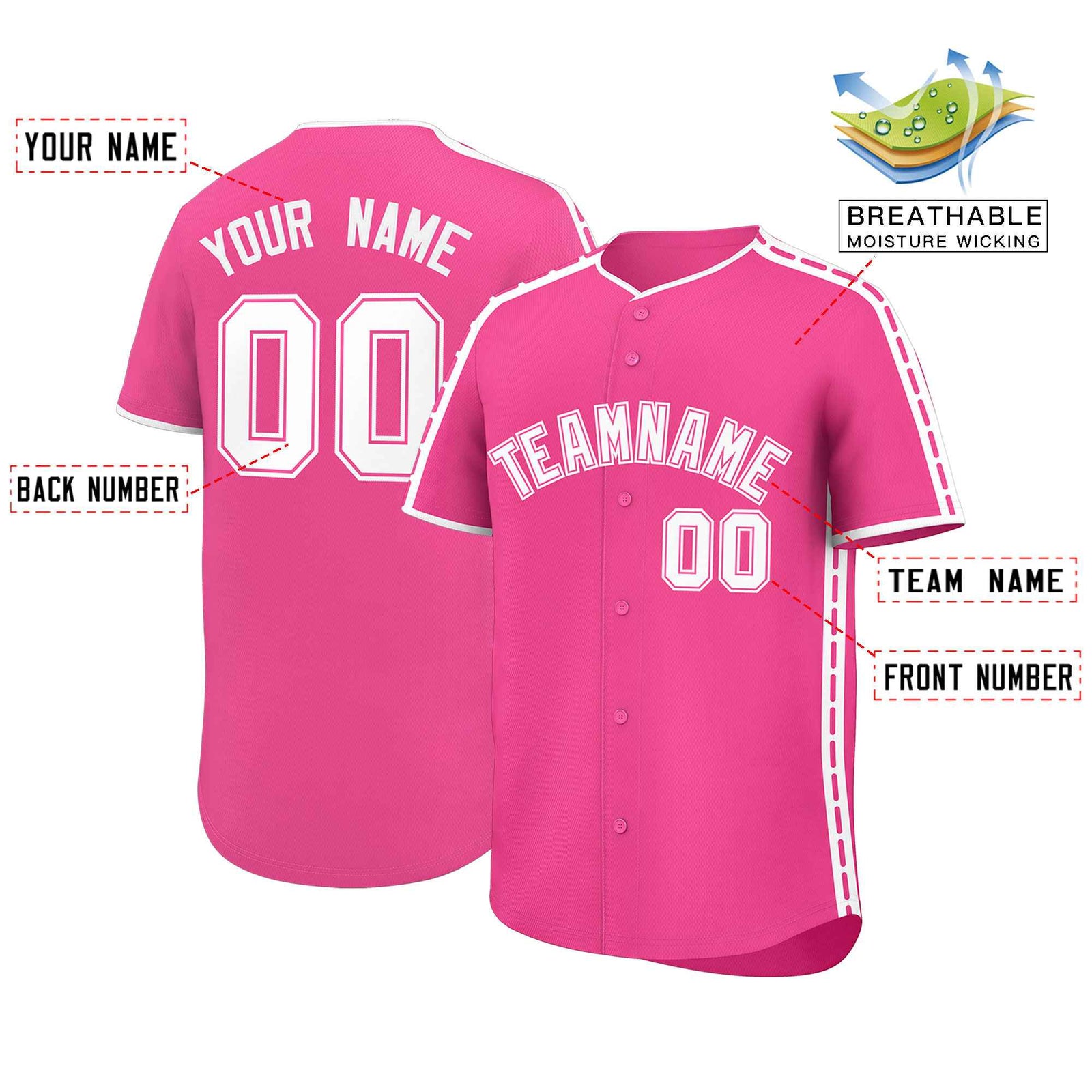 Custom Pink White Color Block Personalized Side Dotted Line Authentic Baseball Jersey