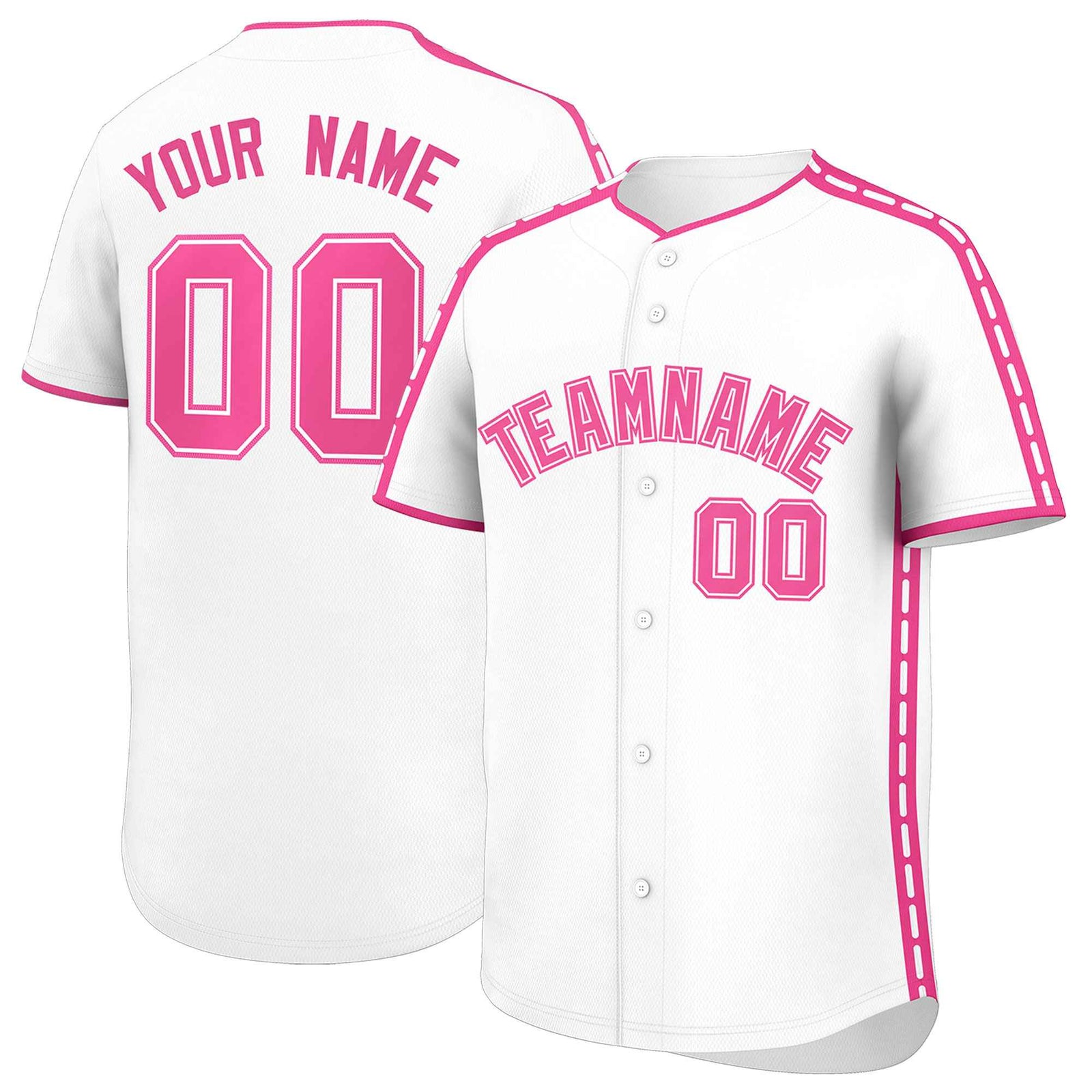 Custom White Pink Color Block Personalized Side Dotted Line Authentic Baseball Jersey