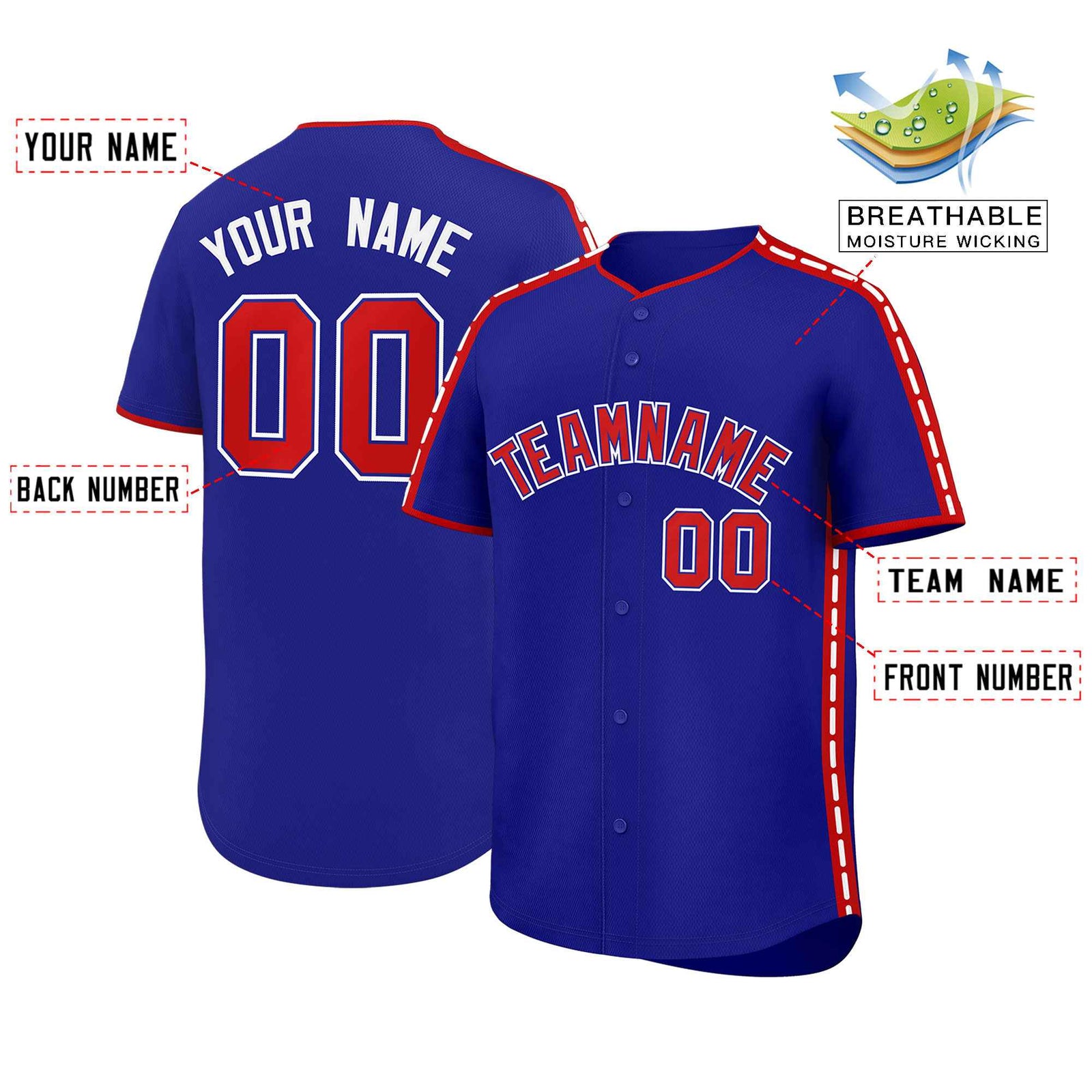 Custom Royal Red Color Block Personalized Side Dotted Line Authentic Baseball Jersey