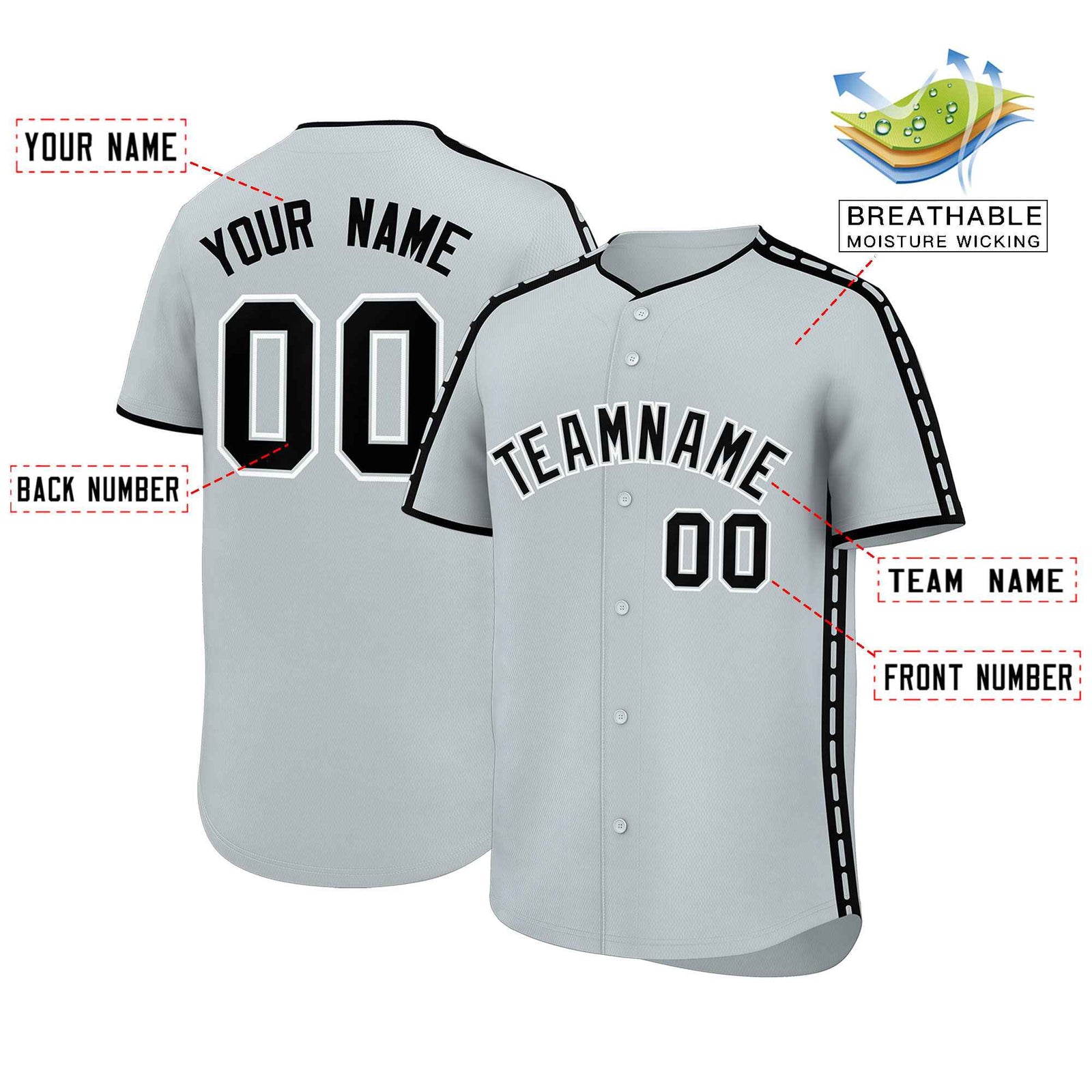 Custom Silver Black Color Block Personalized Side Dotted Line Authentic Baseball Jersey
