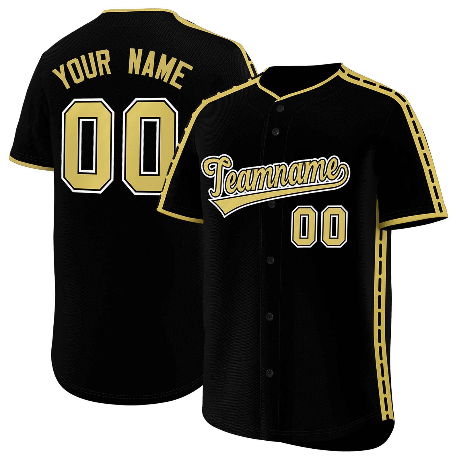 Custom Black Old Gold Color Block Personalized Side Dotted Line Authentic Baseball Jersey