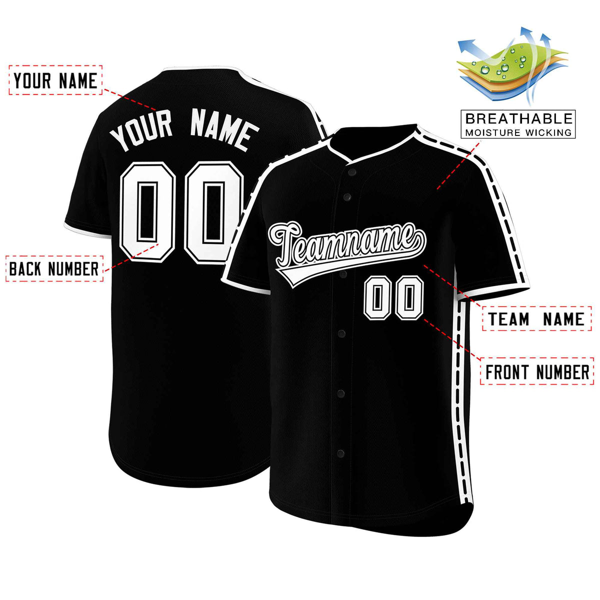 Custom Black White Color Block Personalized Side Dotted Line Authentic Baseball Jersey