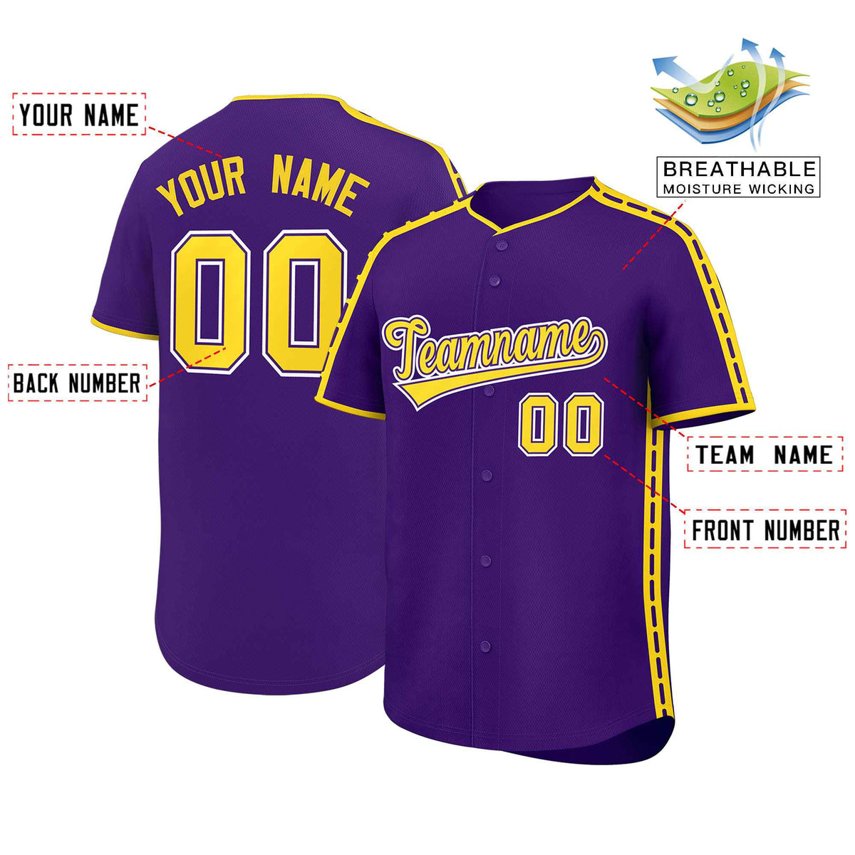 Custom Purple Gold Color Block Personalized Side Dotted Line Authentic Baseball Jersey