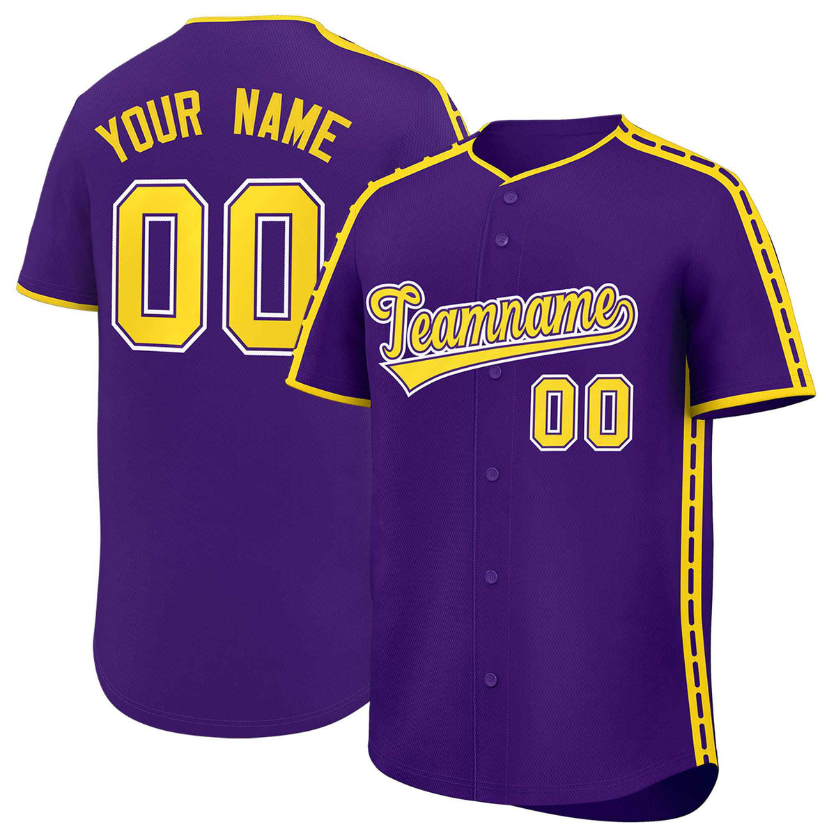 Custom Purple Gold Color Block Personalized Side Dotted Line Authentic Baseball Jersey