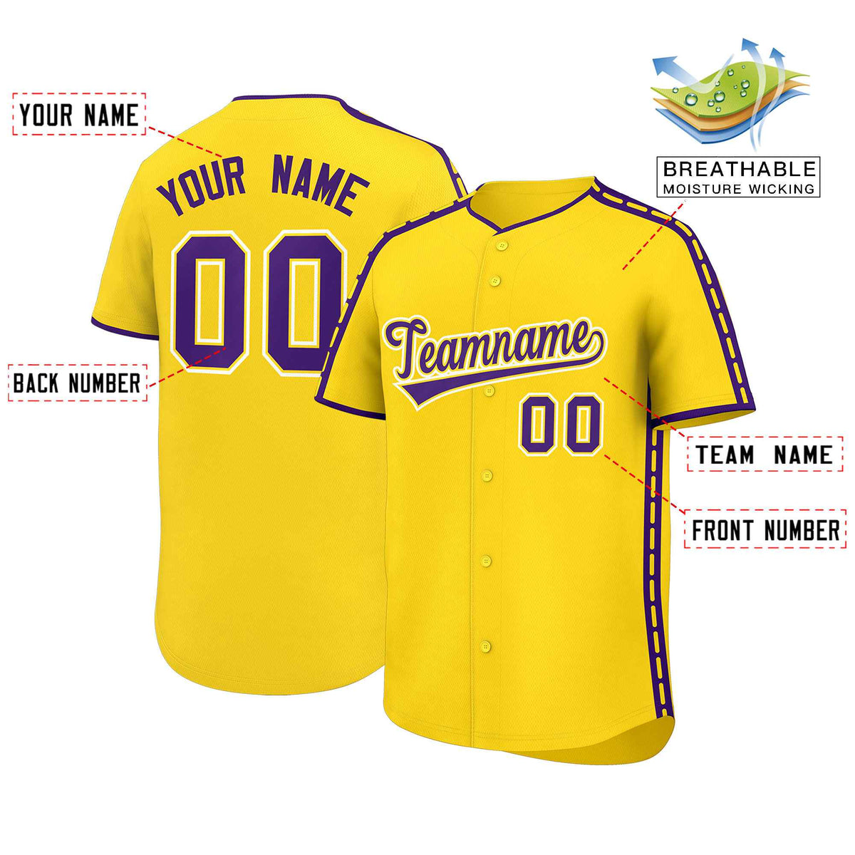 Custom Gold Purple Color Block Personalized Side Dotted Line Authentic Baseball Jersey